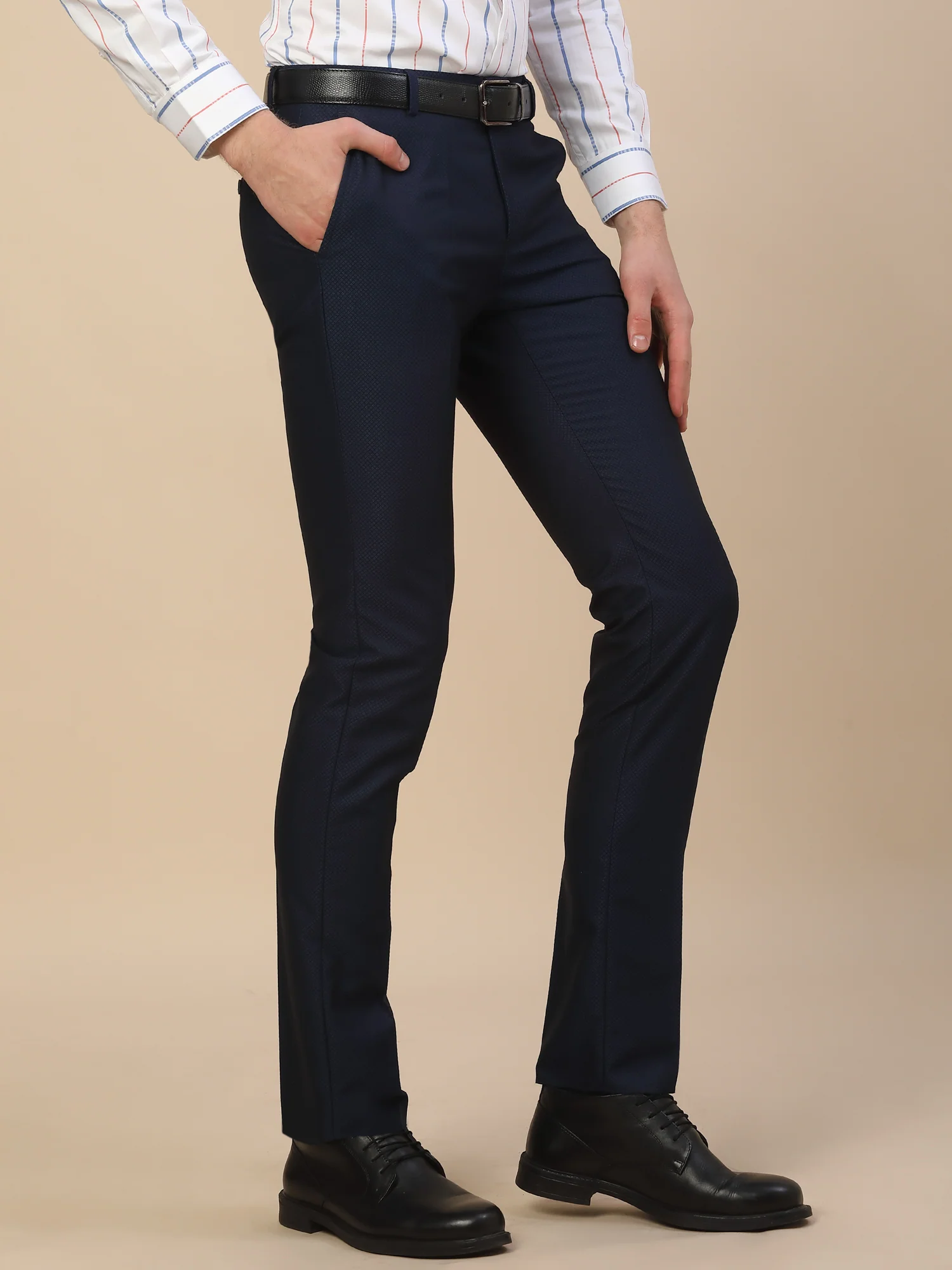 Formal Trouser for Men | Breathable & Soft with Color Fastness Regular Fit Terry Rayon Fabric Self Design Pattern Button Closure - Image 4
