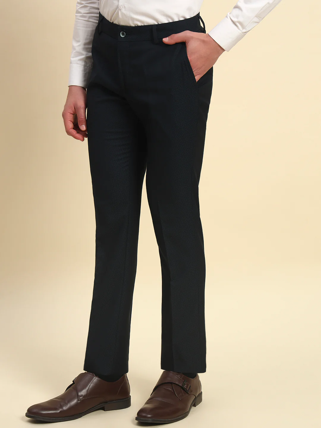 Formal Trouser for Men l Breathable & Soft with Color Fastness Regular Fit Terry Rayon Fabric Self Design Pattern Button Closure - Image 3