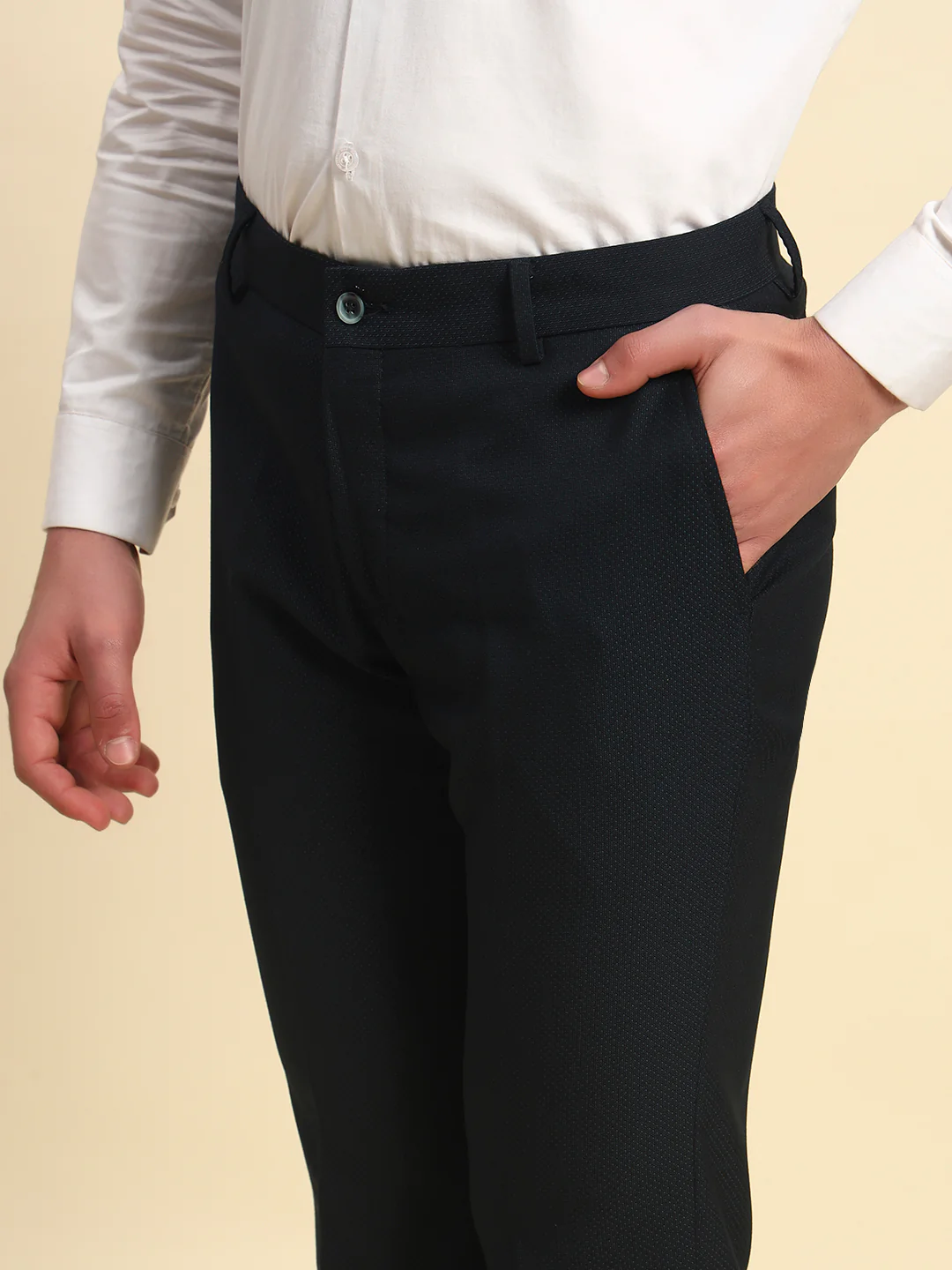 Formal Trouser for Men l Breathable & Soft with Color Fastness Regular Fit Terry Rayon Fabric Self Design Pattern Button Closure - Image 5