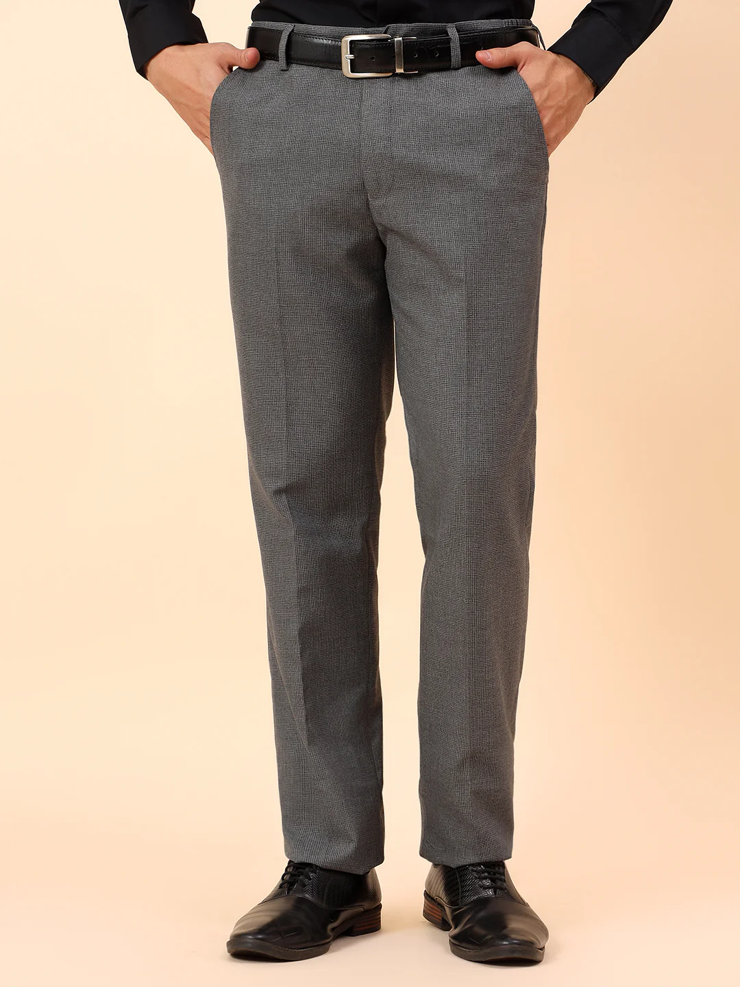 Formal Trousers for Men l Breathable & Soft with Color Fastness Regular Fit Poly Viscose Fabric Check Pattern Button Closure - Image 3