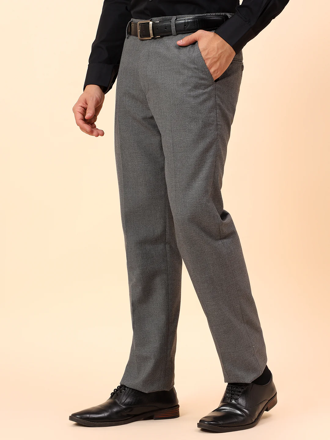 Formal Trousers for Men l Breathable & Soft with Color Fastness Regular Fit Poly Viscose Fabric Check Pattern Button Closure - Image 4