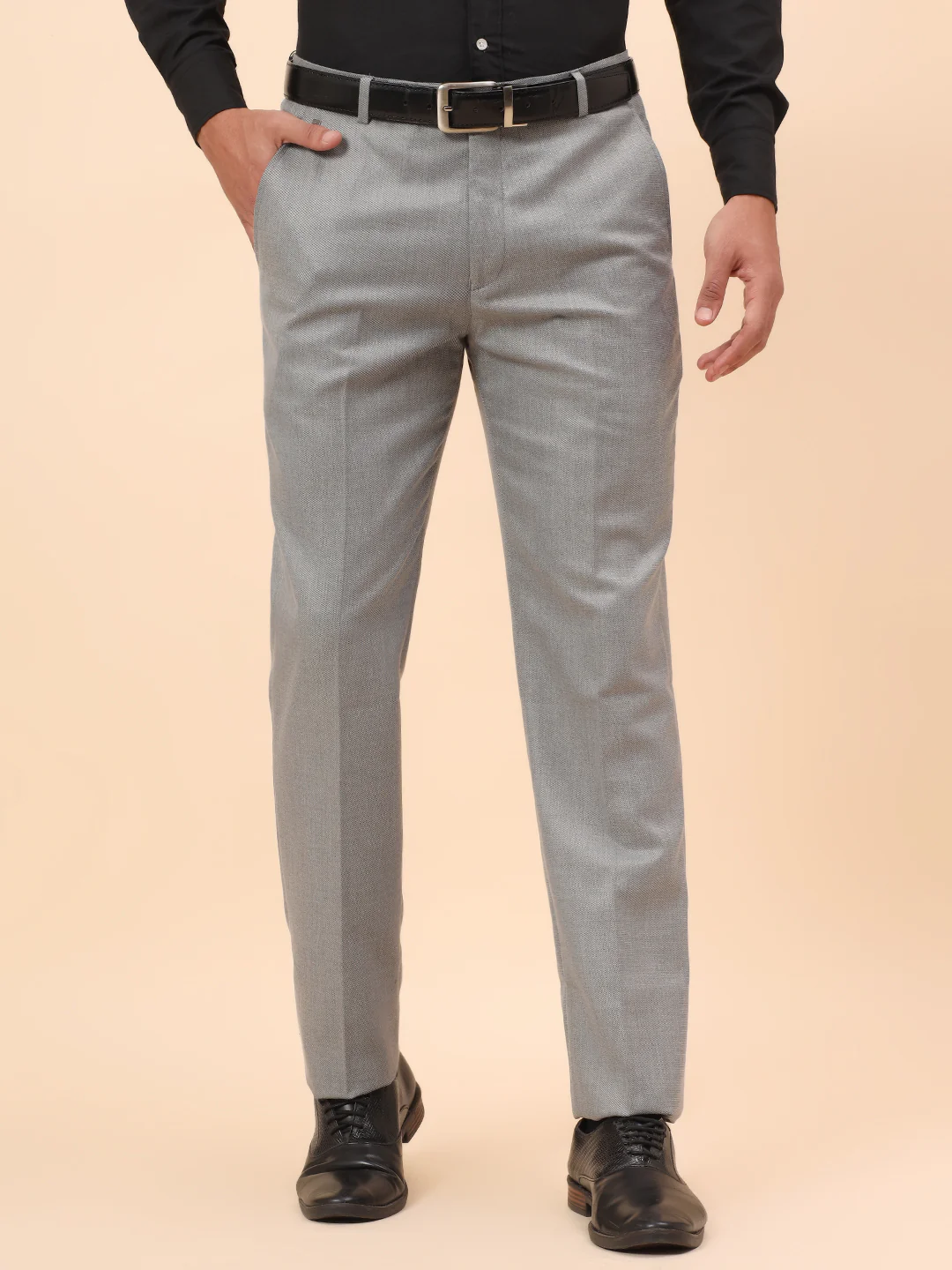 Formal Trousers for Men l Breathable & Soft with Color Fastness Regular Fit Poly Viscose Fabric Self Design Pattern Hook & Eye Closure - Image 3