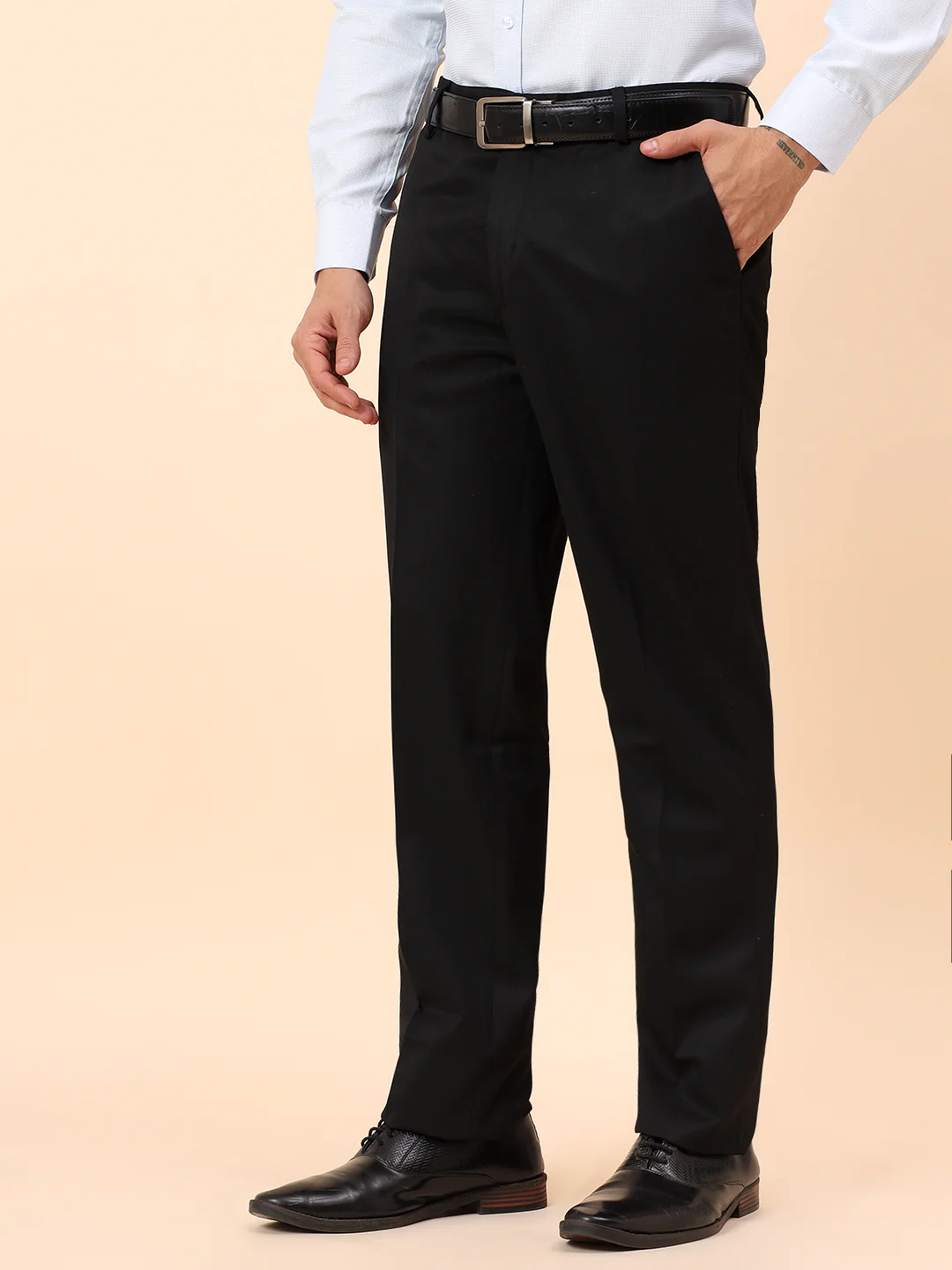 Formal Trousers for Men l Breathable & Soft with Color Fastness Regular Fit Poly Viscose Fabric Solid Pattern Hook & Eye Closure - Image 4