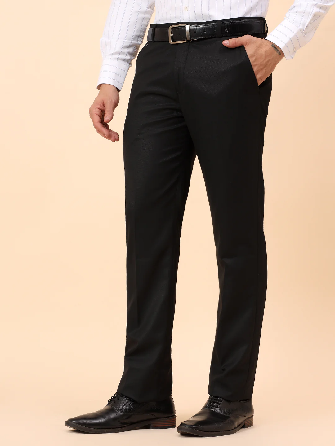 Formal Trousers for Men l Breathable & Soft with Color Fastness Regular Fit Poly Viscose Fabric Solid Pattern Hook & Eye Closure - Image 4