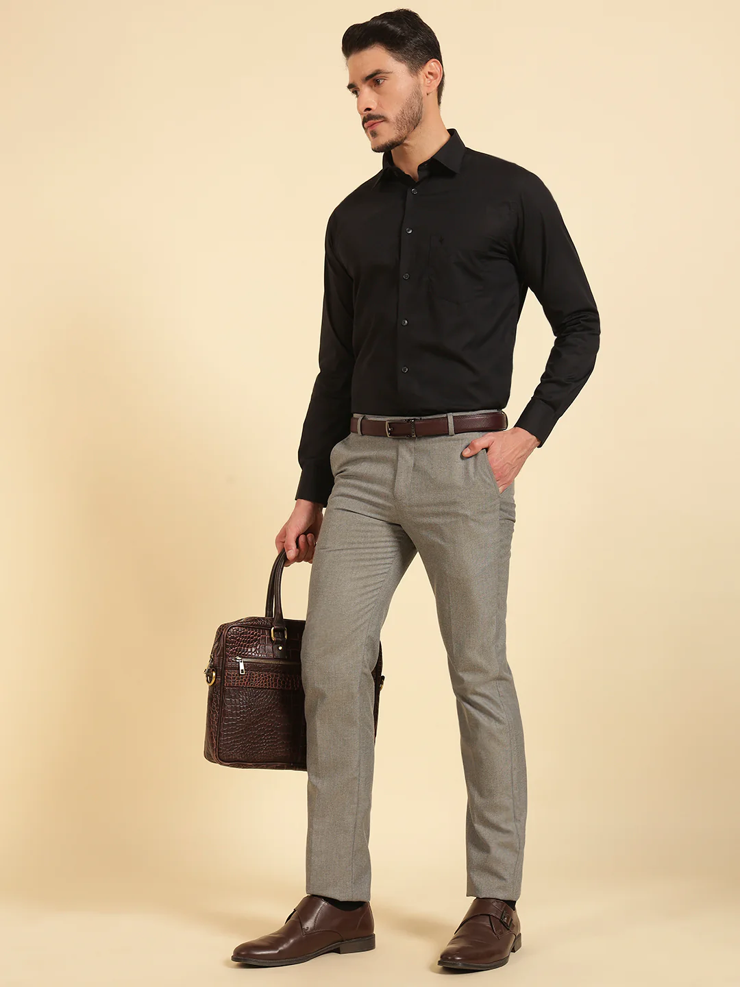 Formal Trouser for Men | Breathable & Soft with Color Fastness Regular Fit Poly Viscose Fabric Self Design Pattern Hook & Eye Closure - Image 4