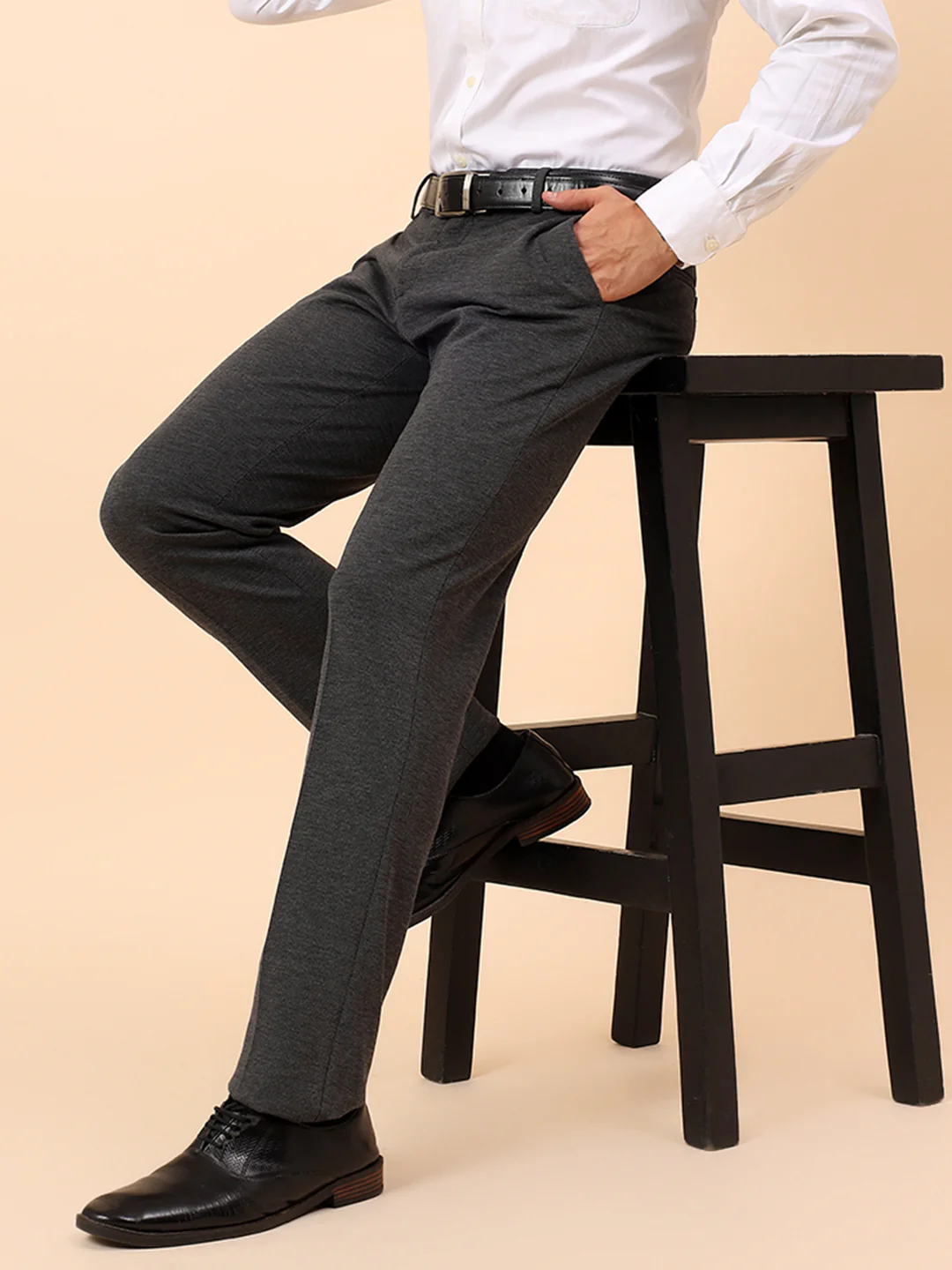 Formal Trousers for Men l Breathable & Soft with Color Fastness Regular Fit Spandex Fabric Self Design Pattern Button Closure - Image 2