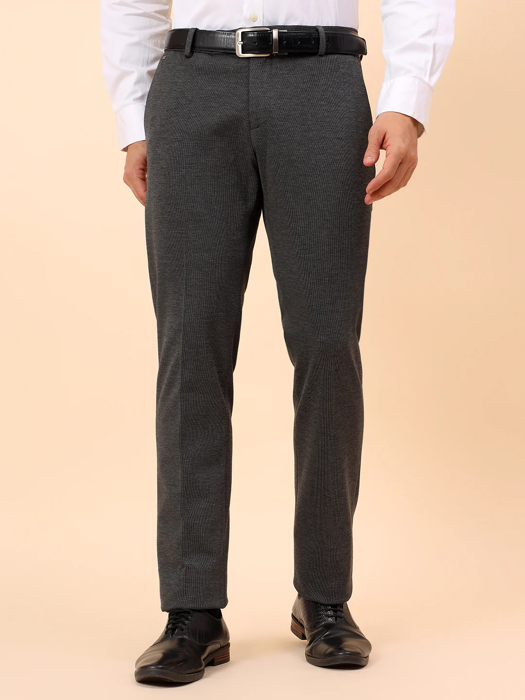 Formal Trousers for Men l Breathable & Soft with Color Fastness Regular Fit Spandex Fabric Self Design Pattern Button Closure - Image 3