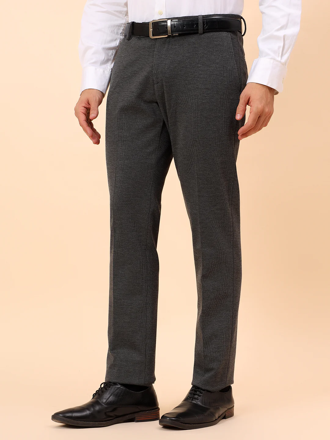 Formal Trousers for Men l Breathable & Soft with Color Fastness Regular Fit Spandex Fabric Self Design Pattern Button Closure - Image 4
