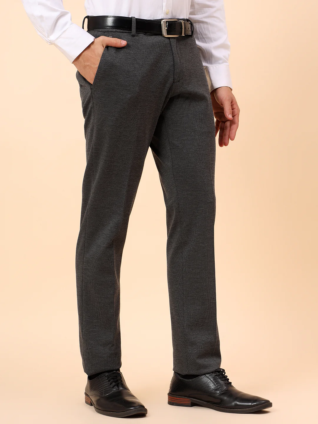 Formal Trousers for Men l Breathable & Soft with Color Fastness Regular Fit Spandex Fabric Self Design Pattern Button Closure - Image 5