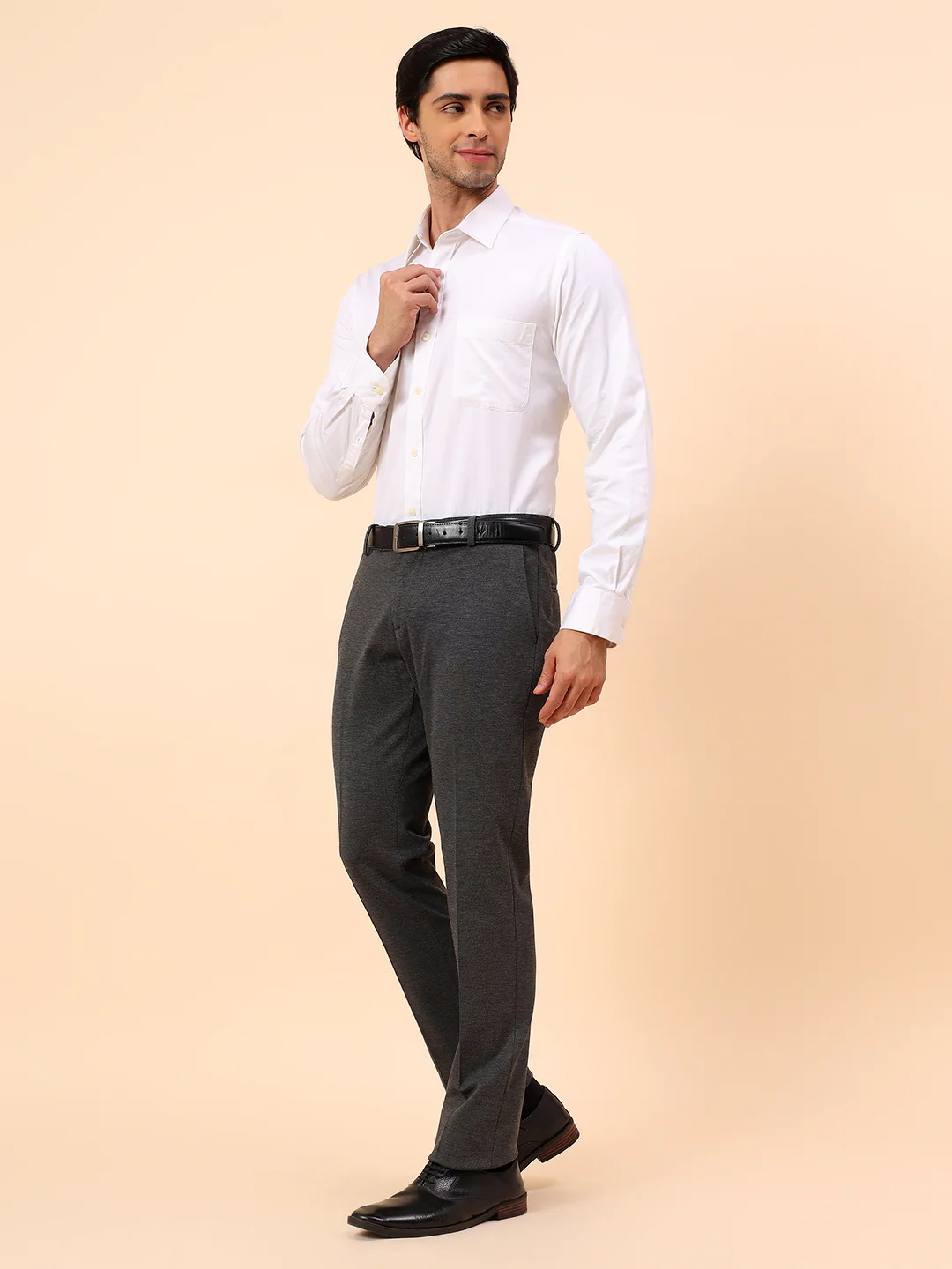 Formal Trousers for Men l Breathable & Soft with Color Fastness Regular Fit Spandex Fabric Self Design Pattern Button Closure - Image 8