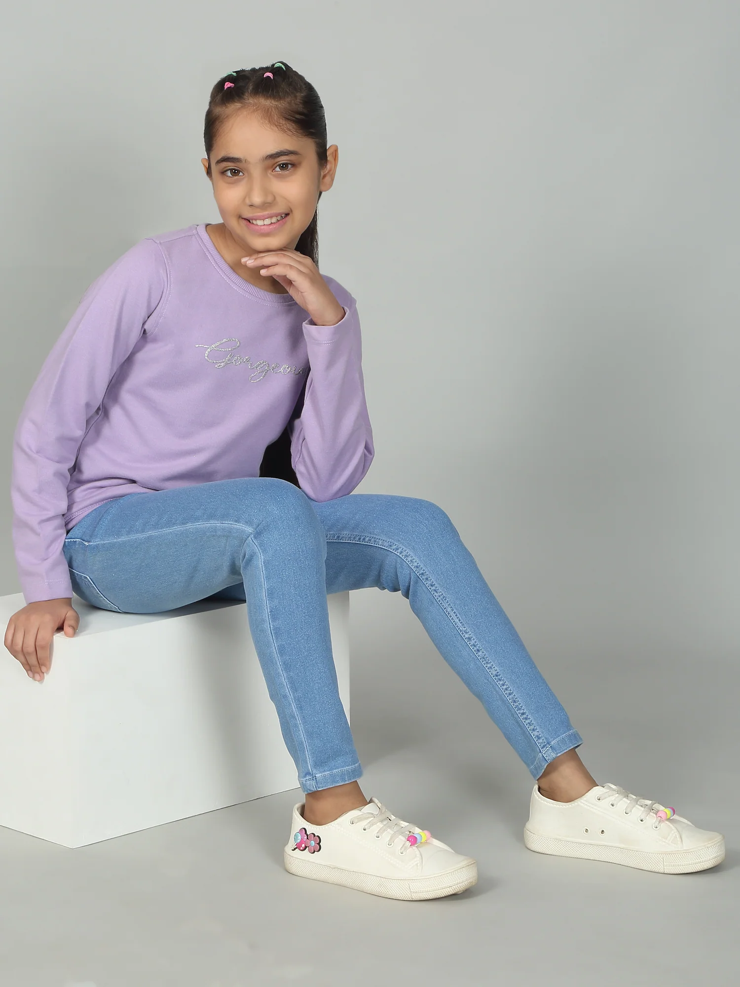 Girl's Casual Lavender Full Sleeves Round Neck T-Shirt - Image 2