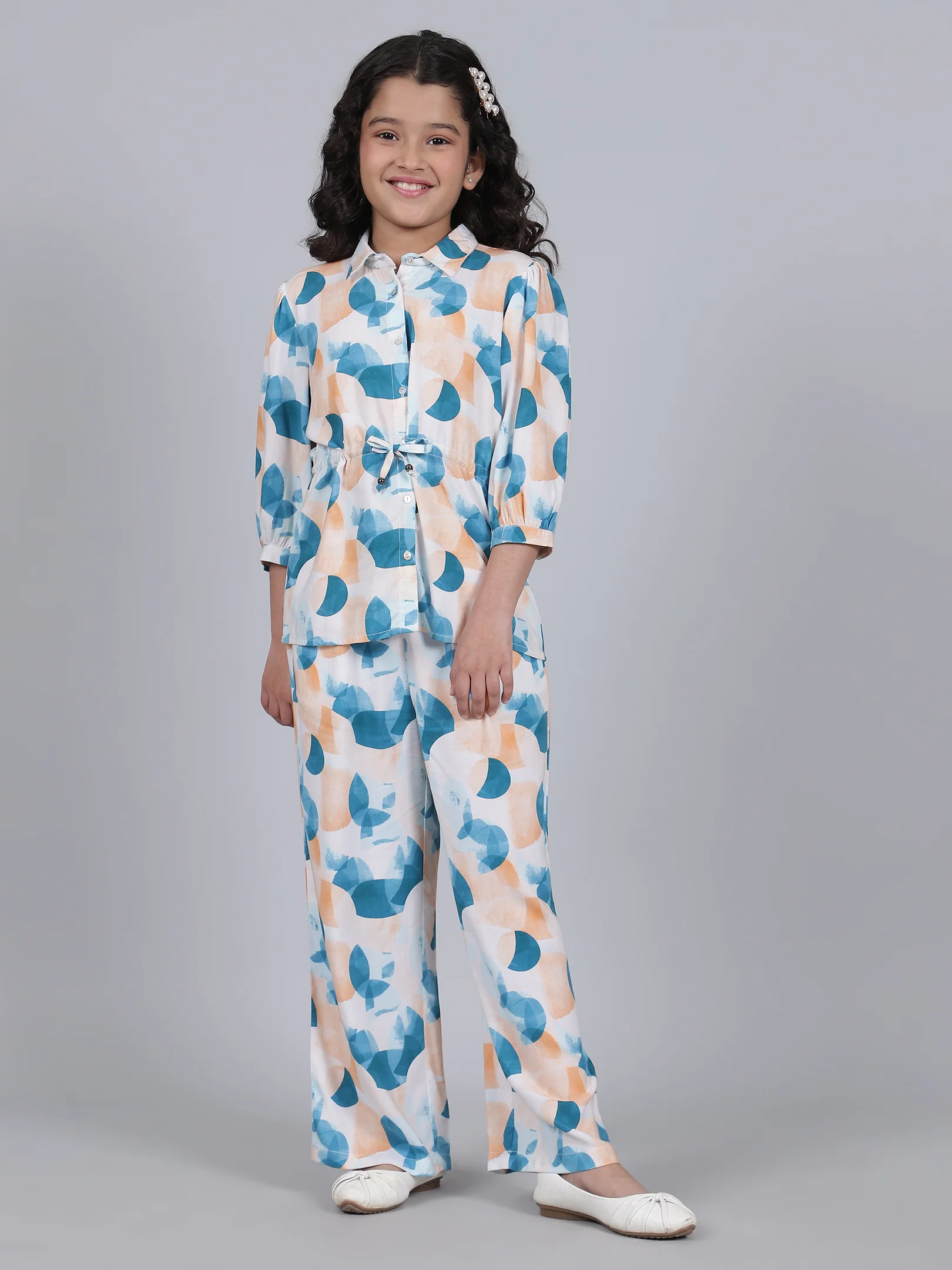 Girls Printed Blue Shirt Collar Half Sleeves Casual Co-ord-set - Image 2