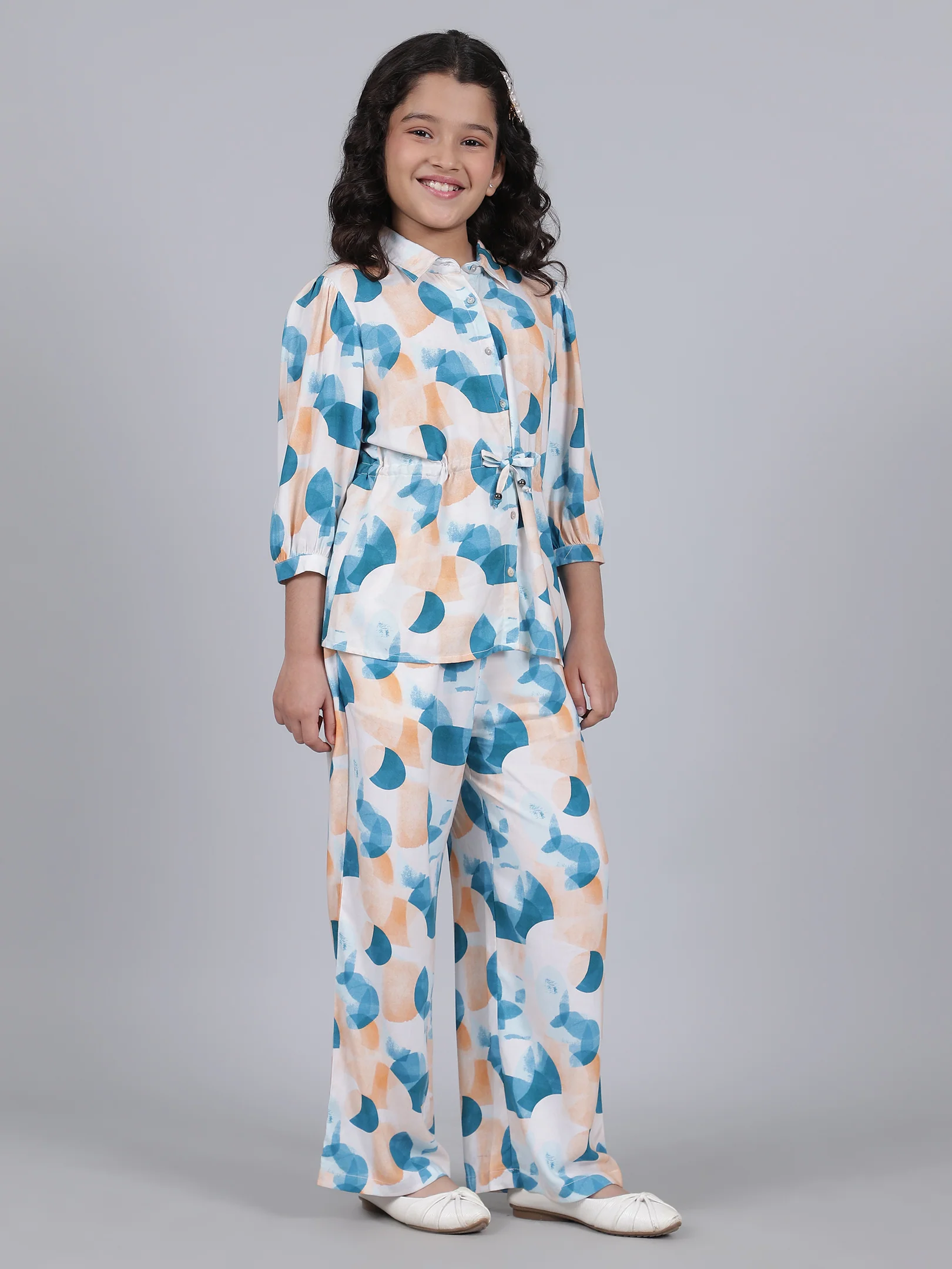 Girls Printed Blue Shirt Collar Half Sleeves Casual Co-ord-set - Image 5