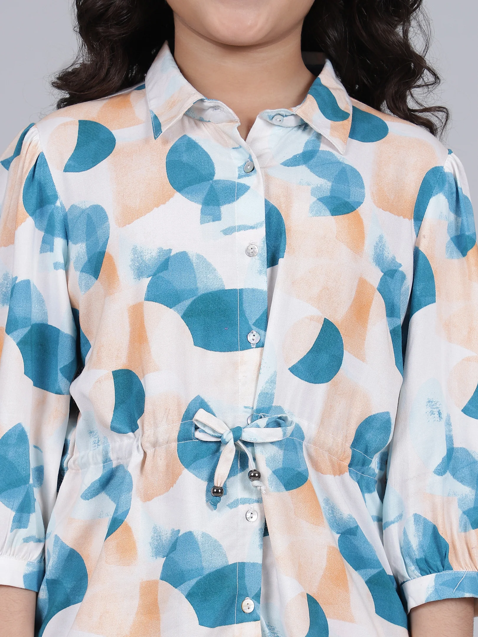 Girls Printed Blue Shirt Collar Half Sleeves Casual Co-ord-set - Image 6