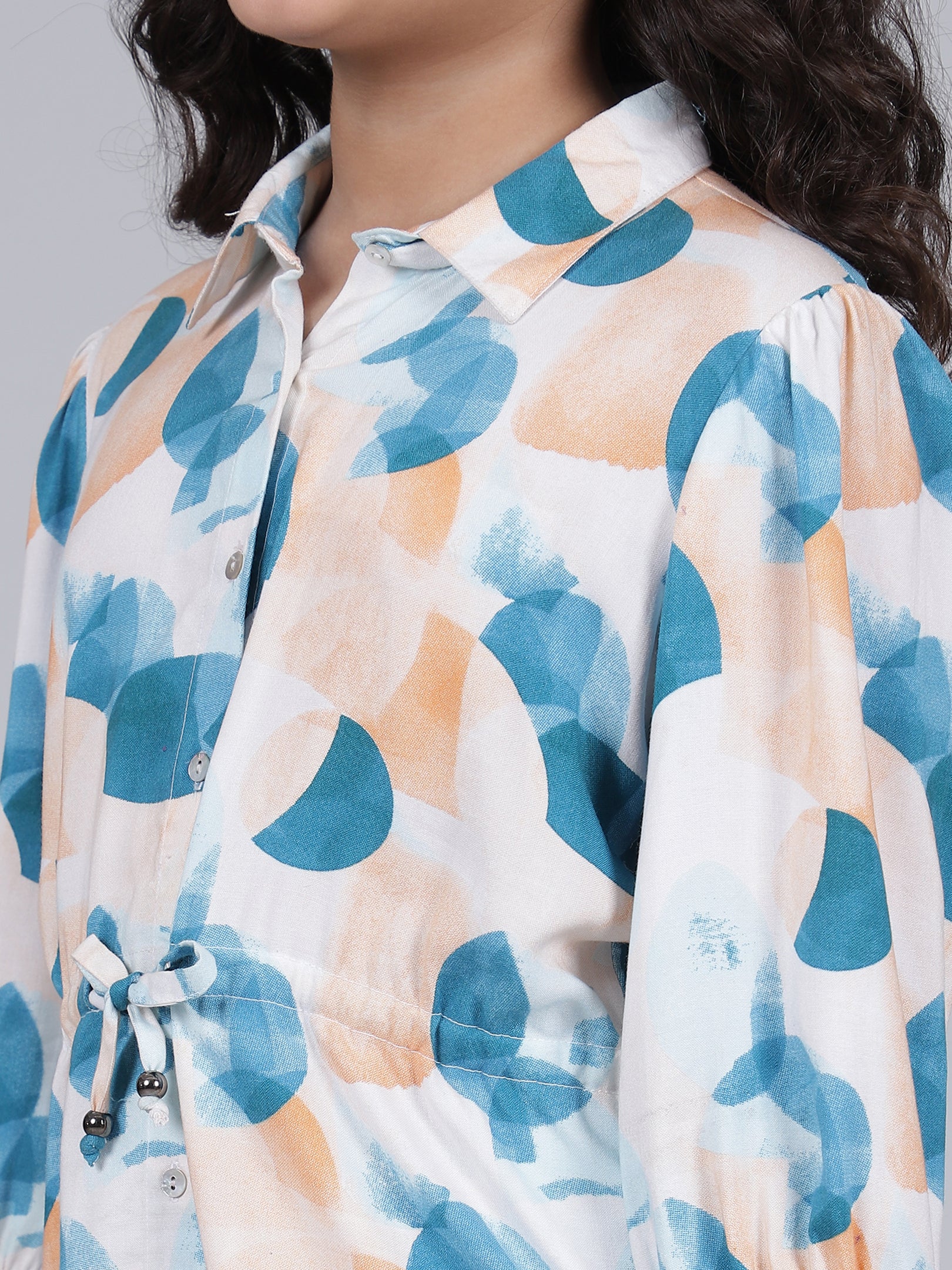 Girls Printed Blue Shirt Collar Half Sleeves Casual Co-ord-set - Image 8