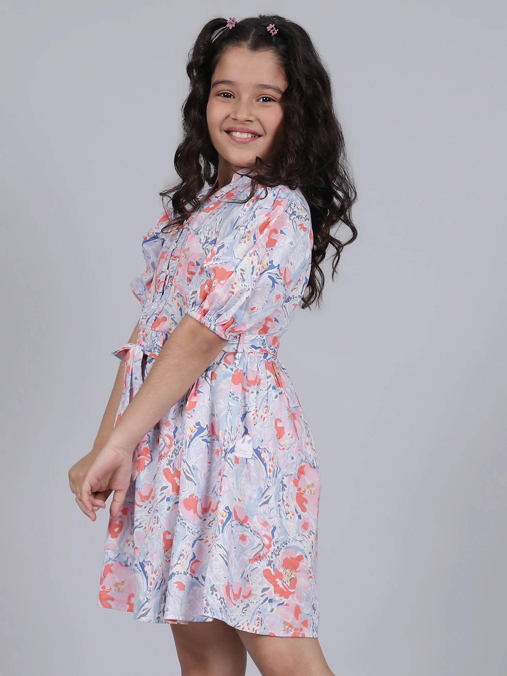Girls Printed Blue V-Neck Half Sleeves Casual Dress - Image 2