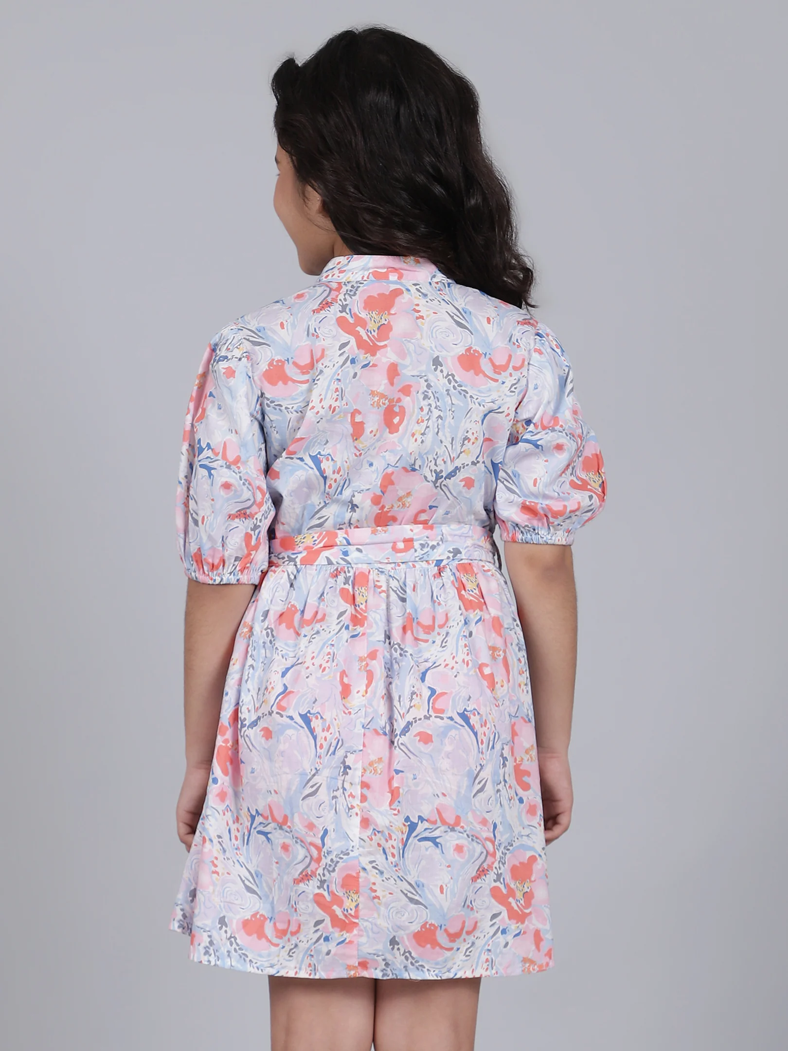 Girls Printed Blue V-Neck Half Sleeves Casual Dress - Image 3