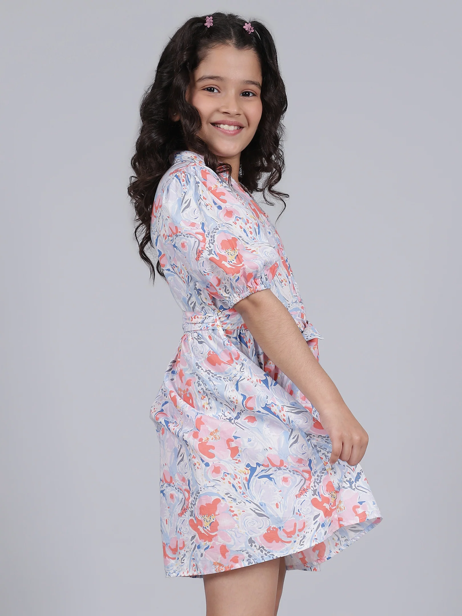 Girls Printed Blue V-Neck Half Sleeves Casual Dress - Image 4