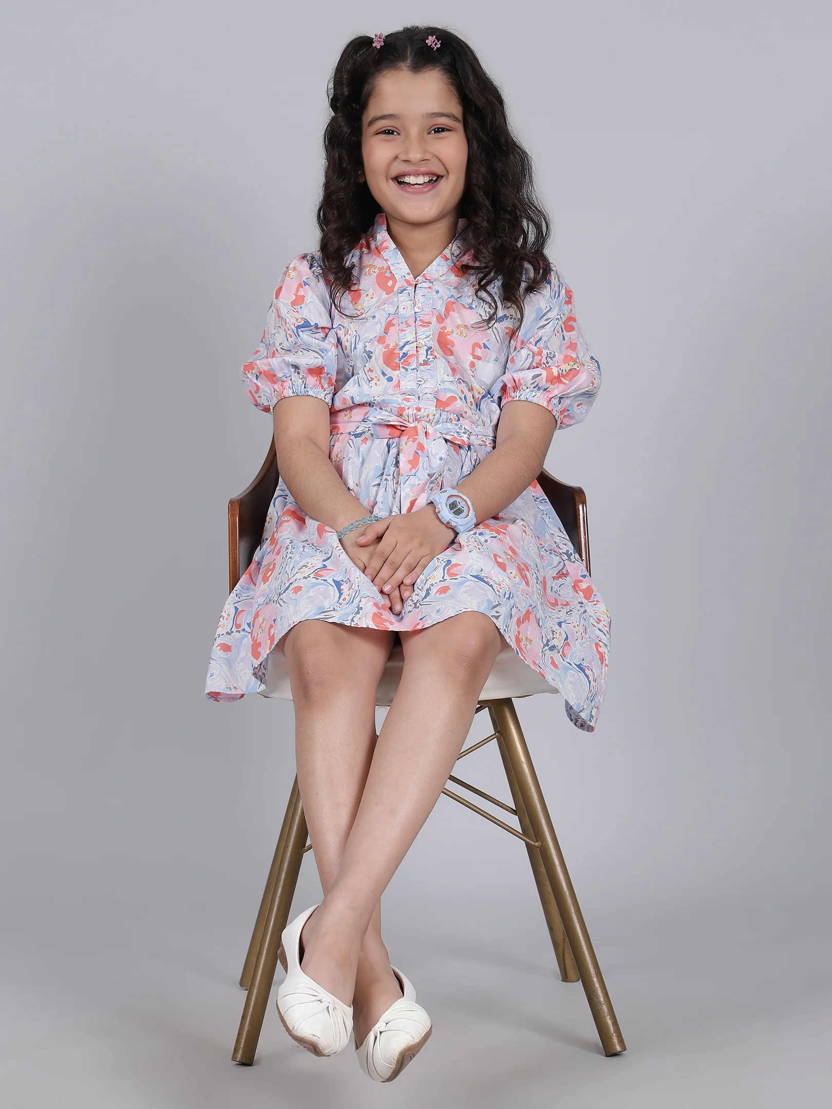Girls Printed Blue V-Neck Half Sleeves Casual Dress - Image 5
