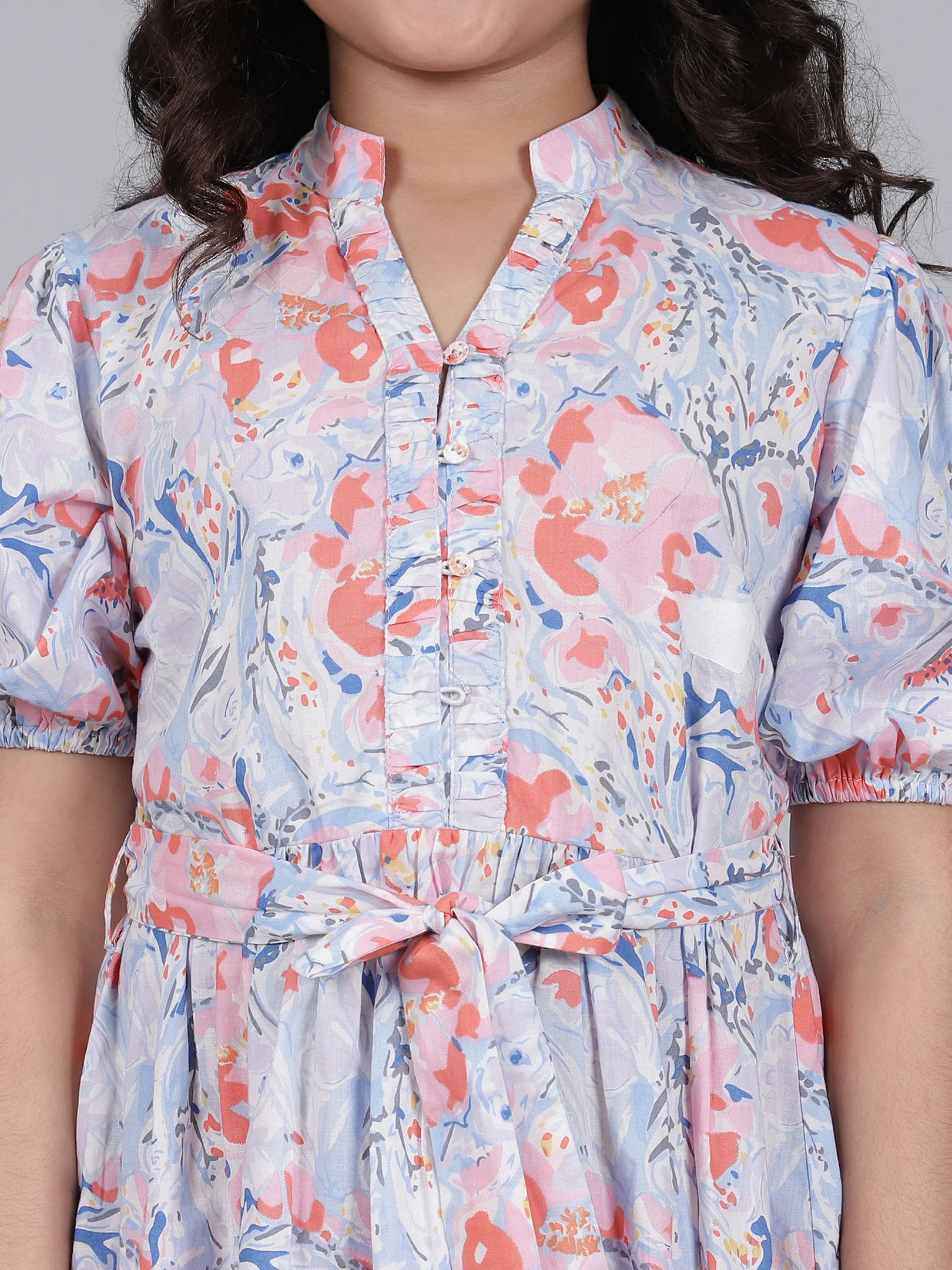Girls Printed Blue V-Neck Half Sleeves Casual Dress - Image 6