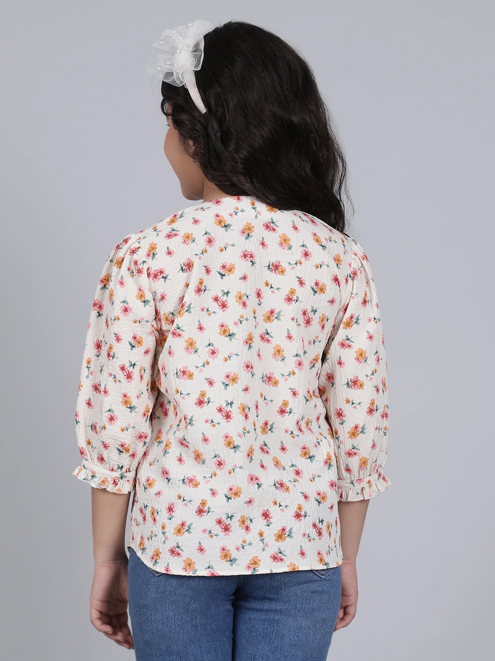 Girls Printed Cream Round Neck 3/4th Sleeves Casual Top - Image 4