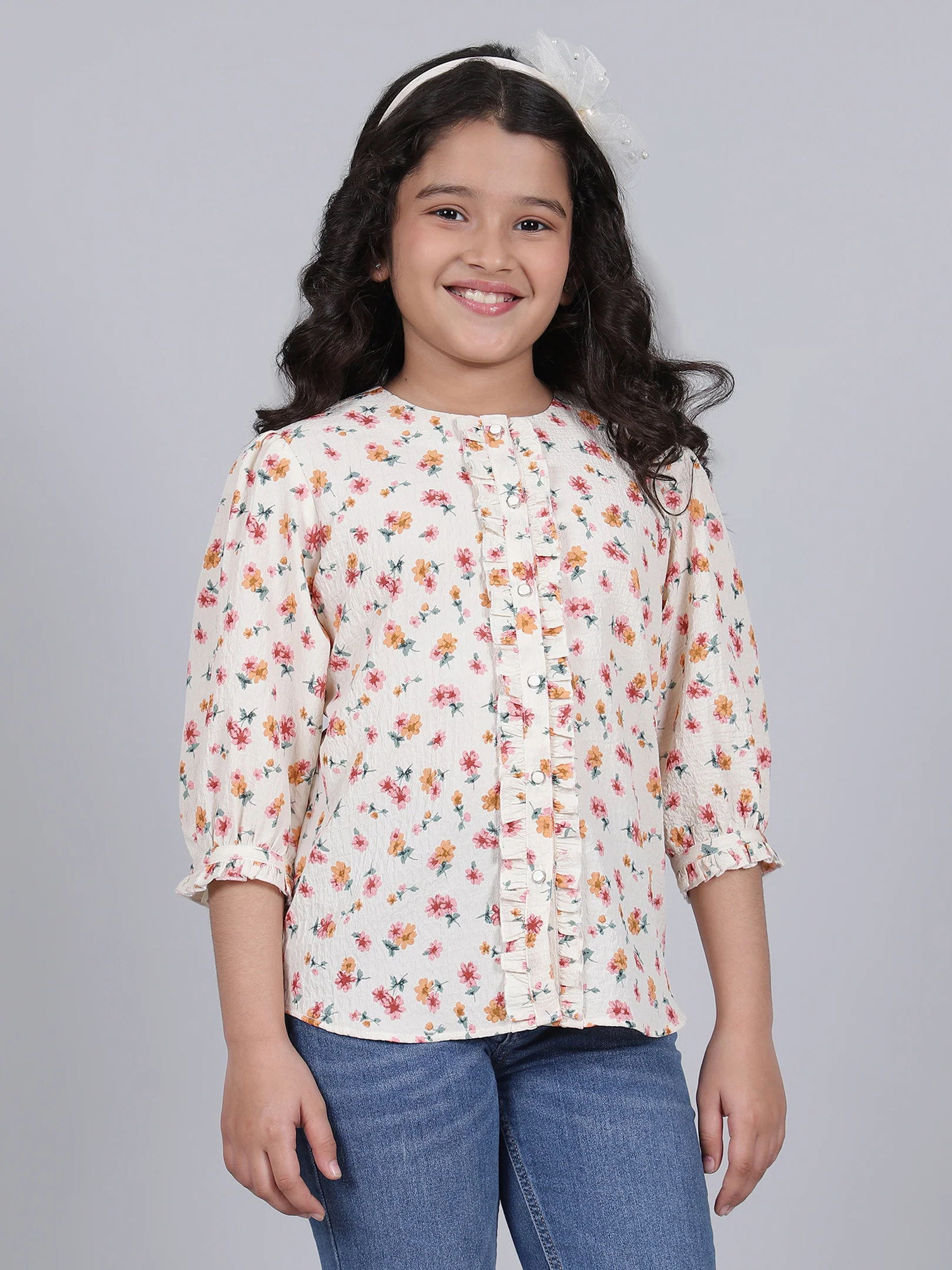 Girls Printed Cream Round Neck 3/4th Sleeves Casual Top - Image 5