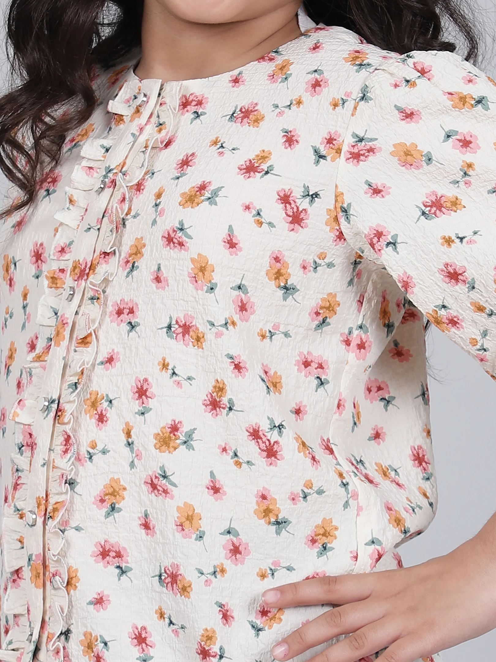 Girls Printed Cream Round Neck 3/4th Sleeves Casual Top - Image 8
