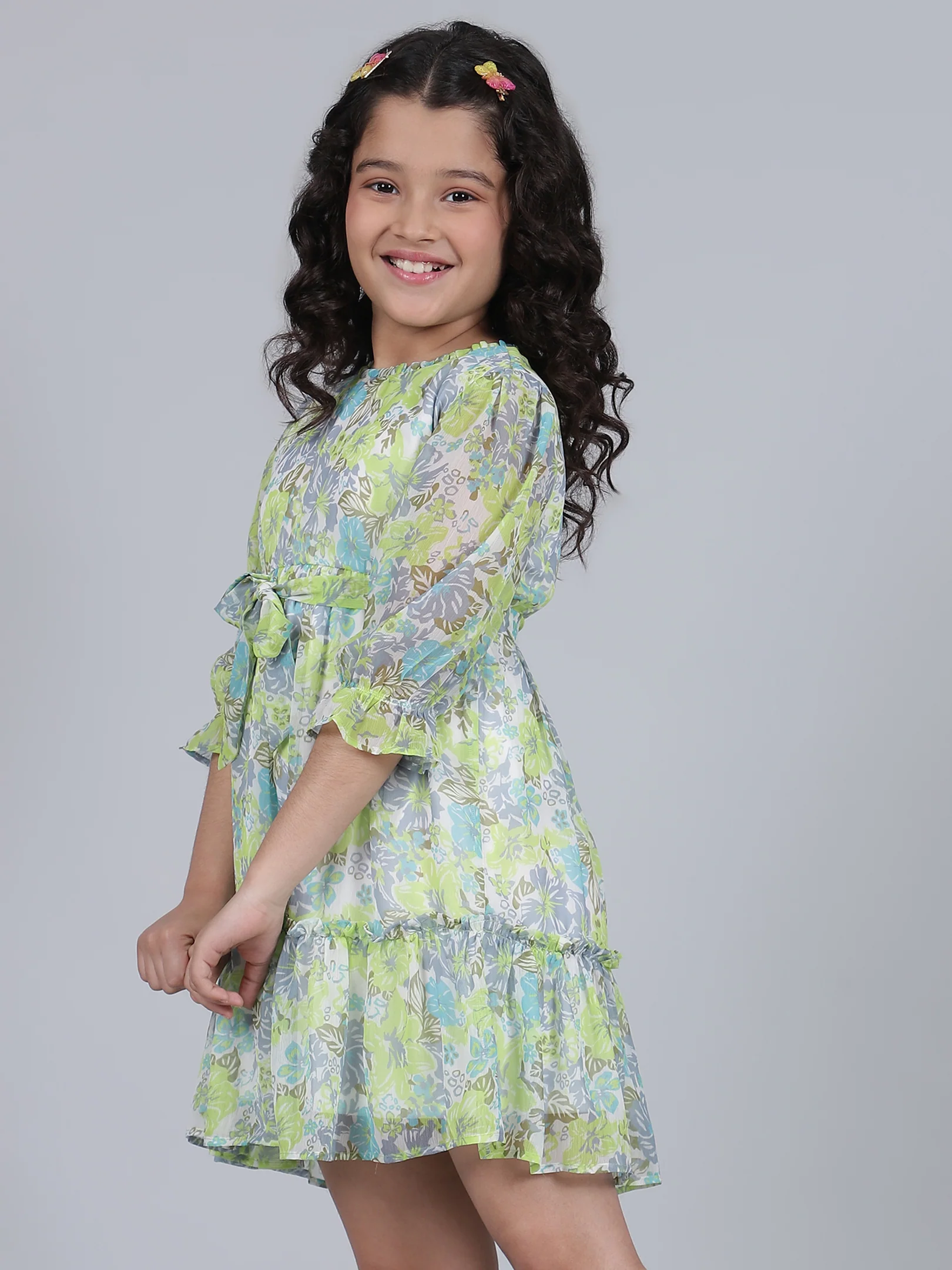 Girls Printed Green Round Neck 3/4th Sleeves Casual Dress - Image 2