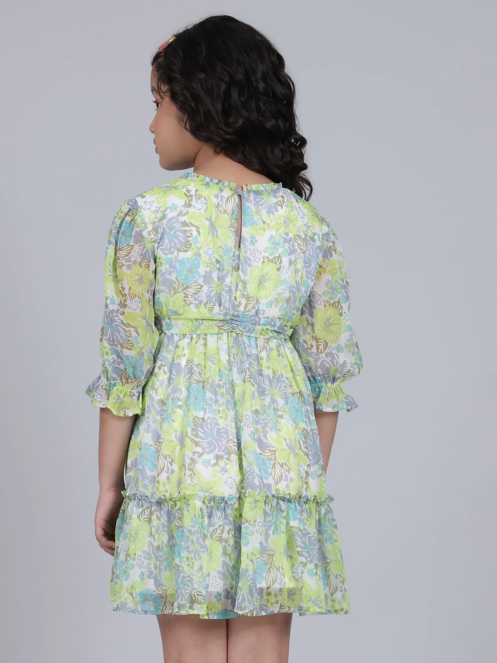 Girls Printed Green Round Neck 3/4th Sleeves Casual Dress - Image 3