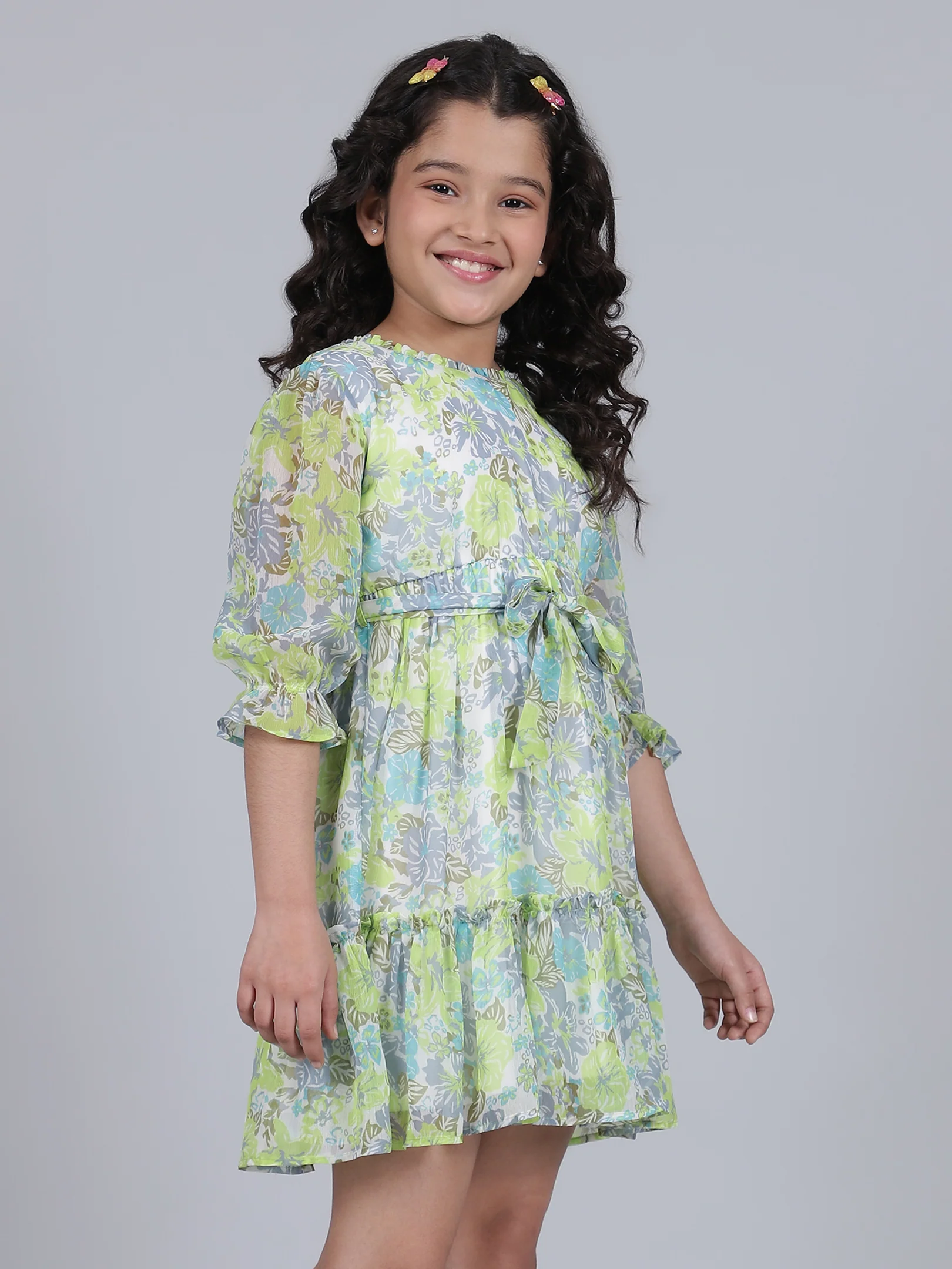 Girls Printed Green Round Neck 3/4th Sleeves Casual Dress - Image 4