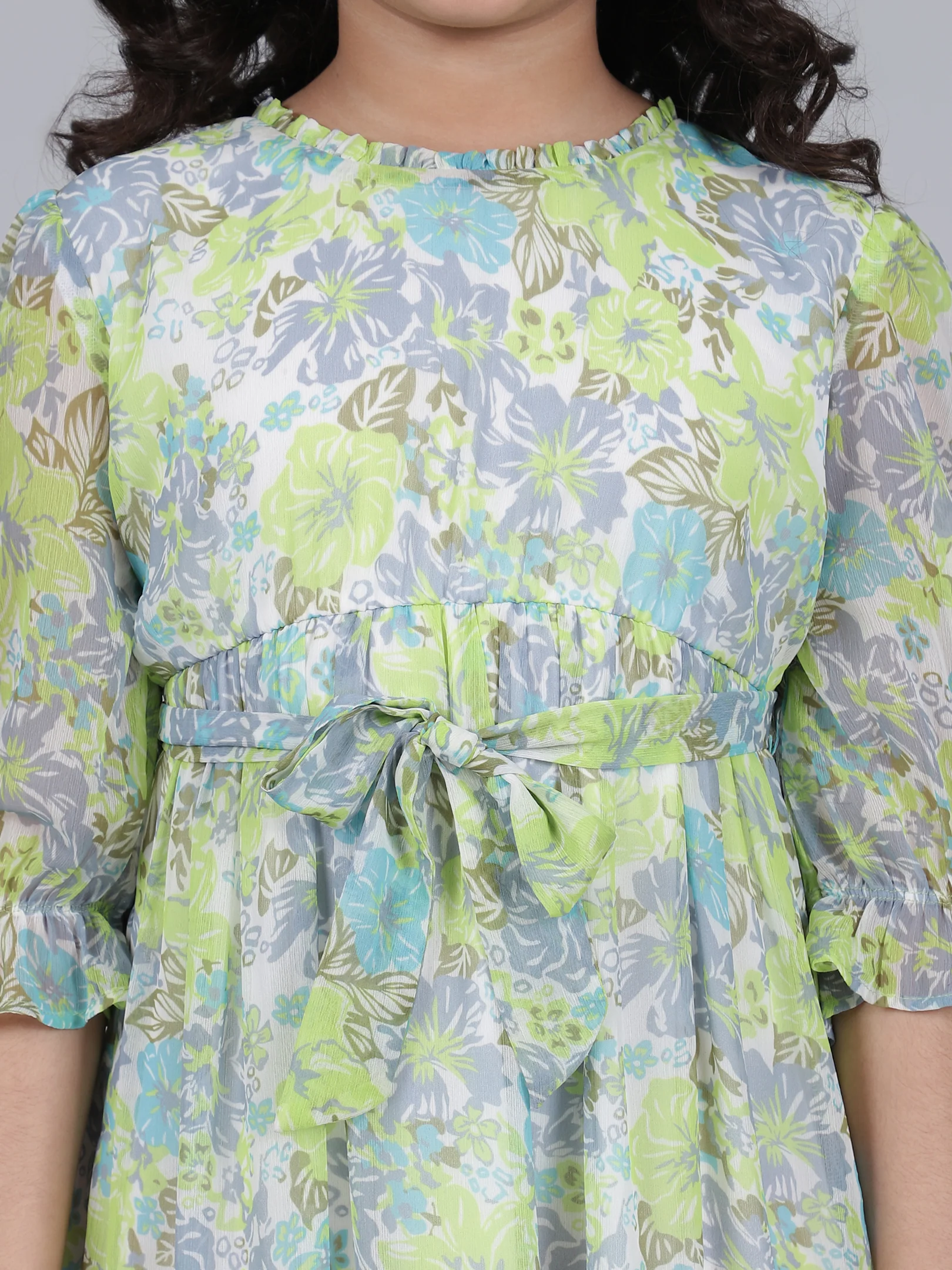 Girls Printed Green Round Neck 3/4th Sleeves Casual Dress - Image 6