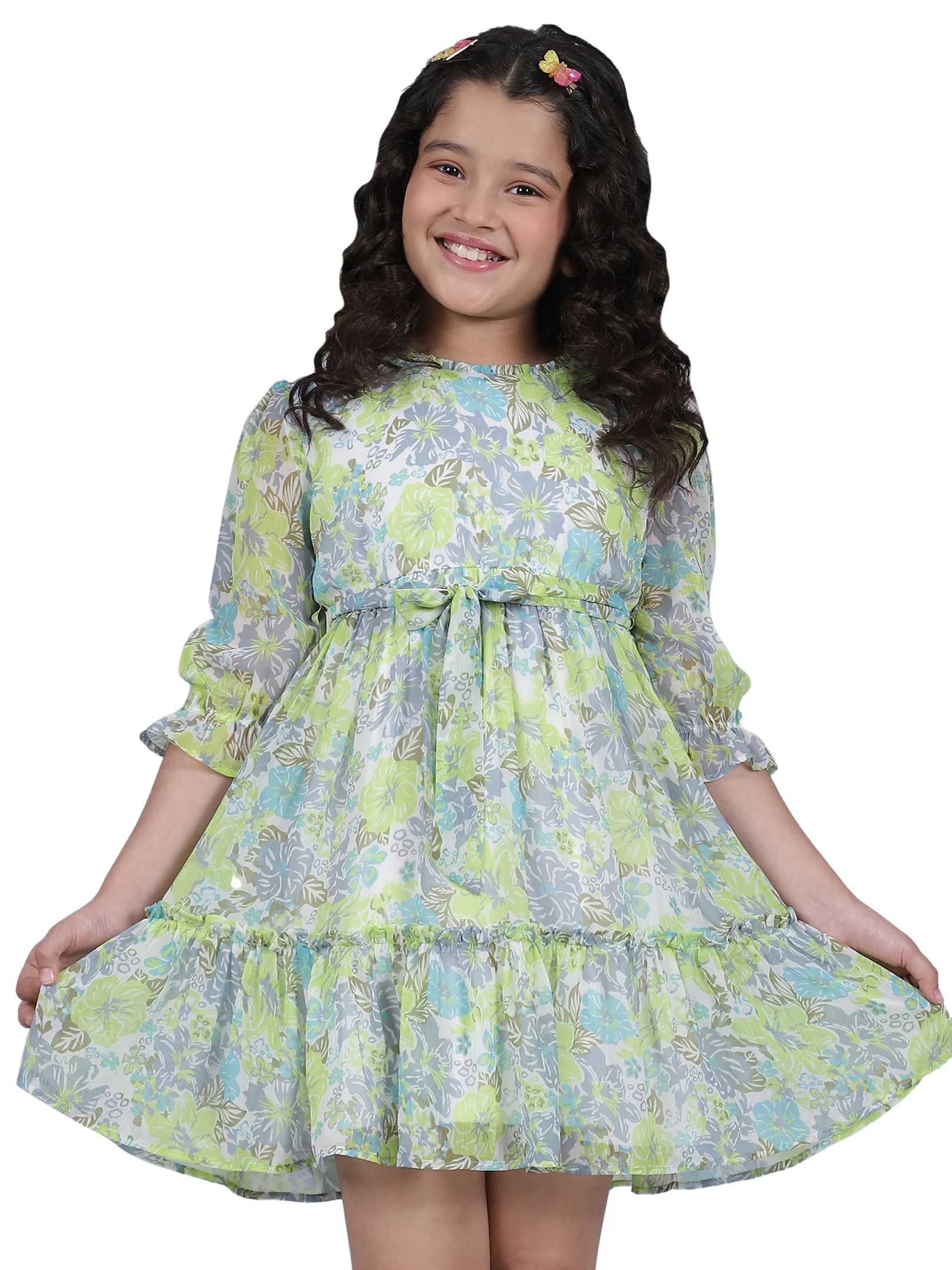 Girls Printed Green Round Neck 3/4th Sleeves Casual Dress - Image 8