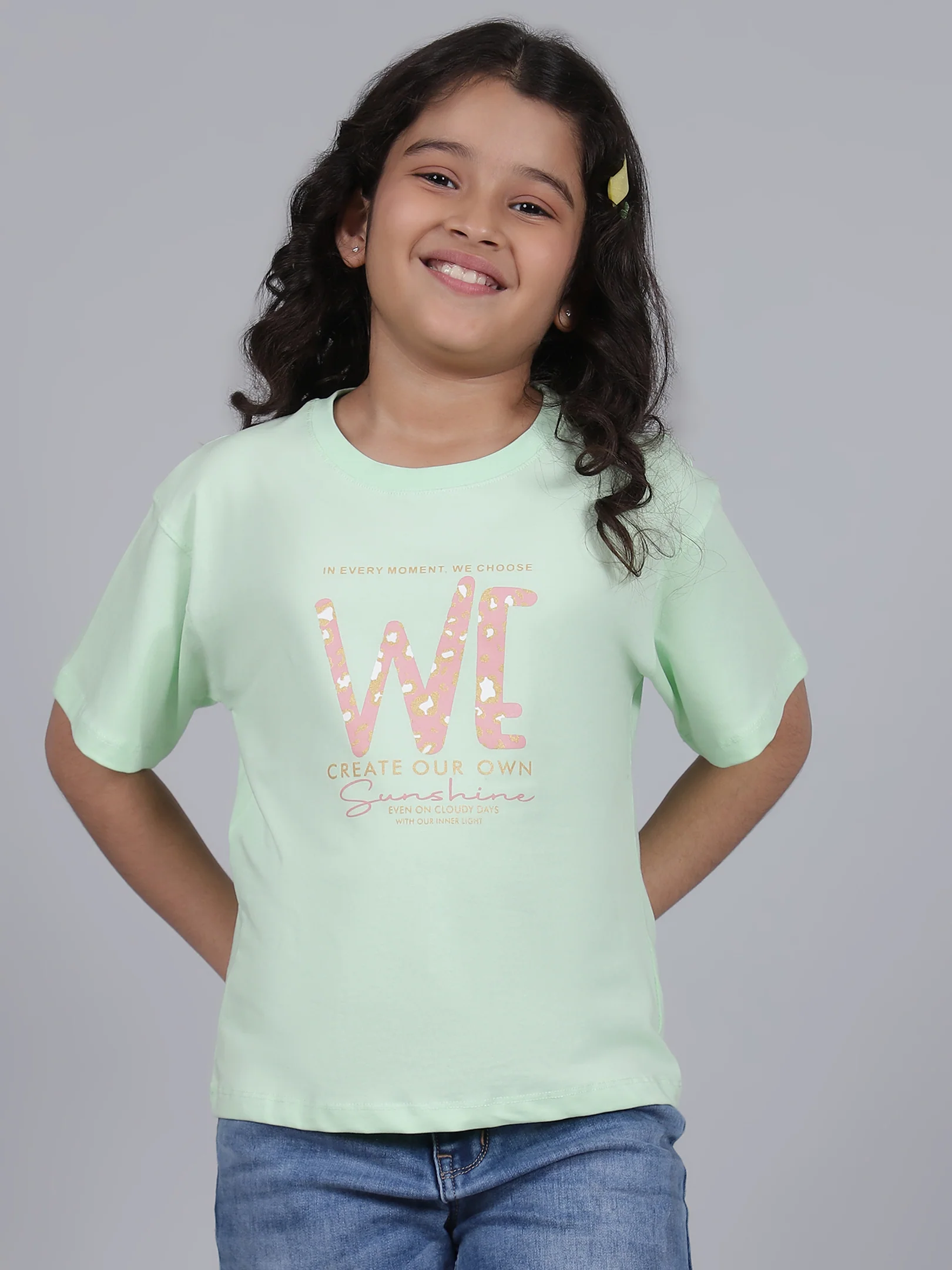 Girls Printed Green Round Neck Half Sleeves Casual T-Shirt - Image 2