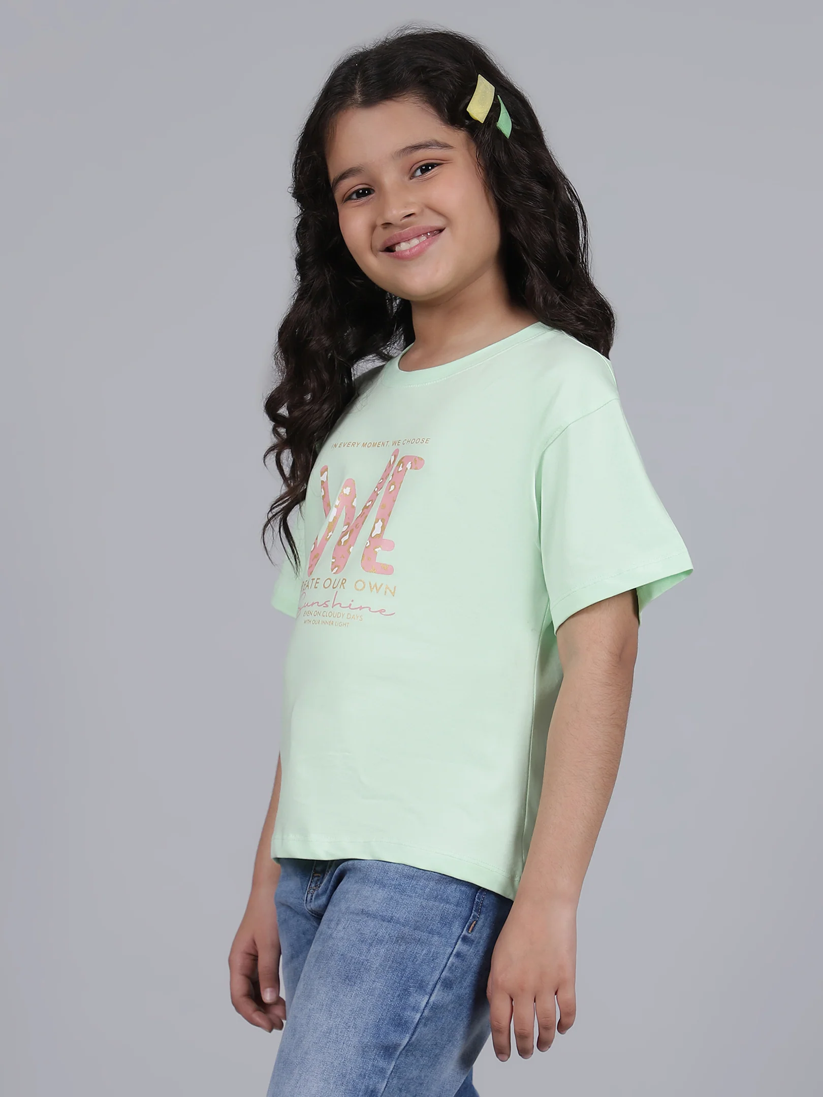 Girls Printed Green Round Neck Half Sleeves Casual T-Shirt - Image 3