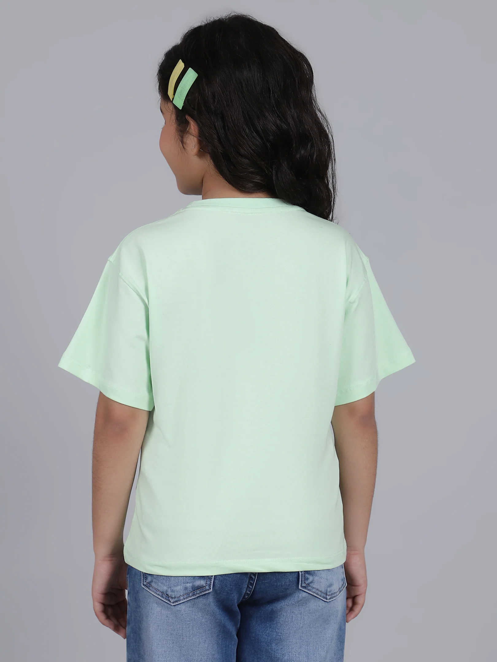 Girls Printed Green Round Neck Half Sleeves Casual T-Shirt - Image 4