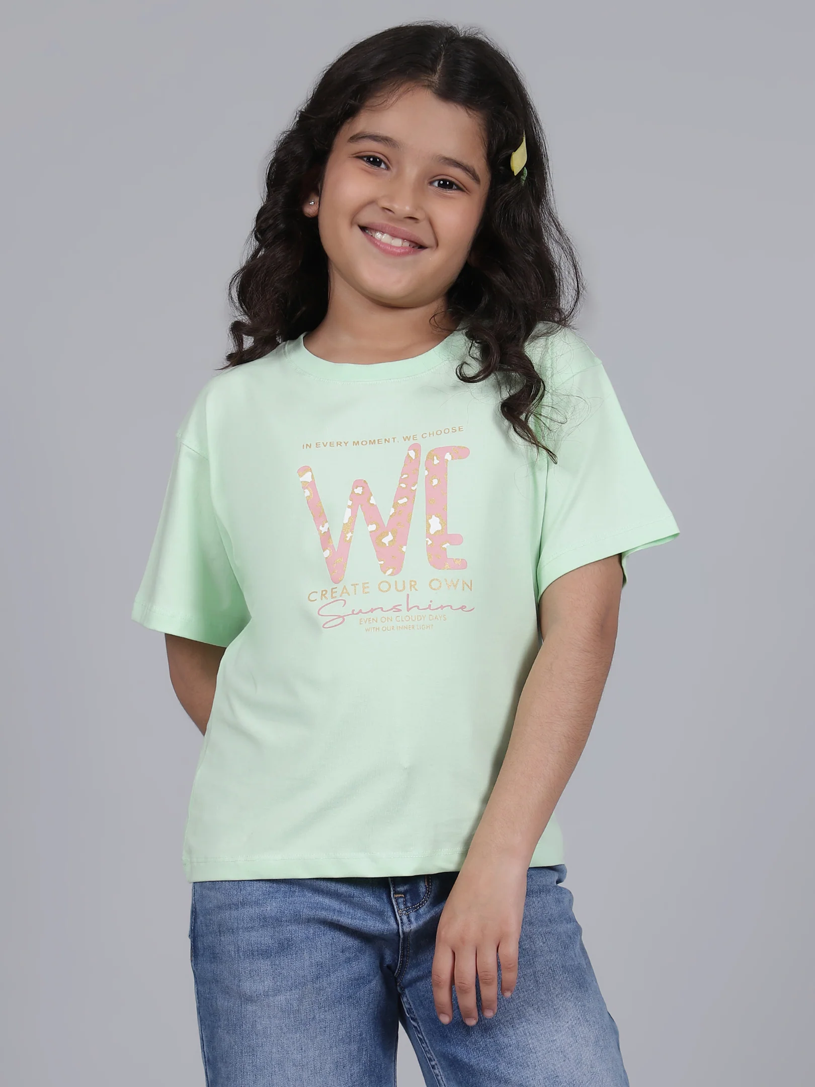 Girls Printed Green Round Neck Half Sleeves Casual T-Shirt - Image 5