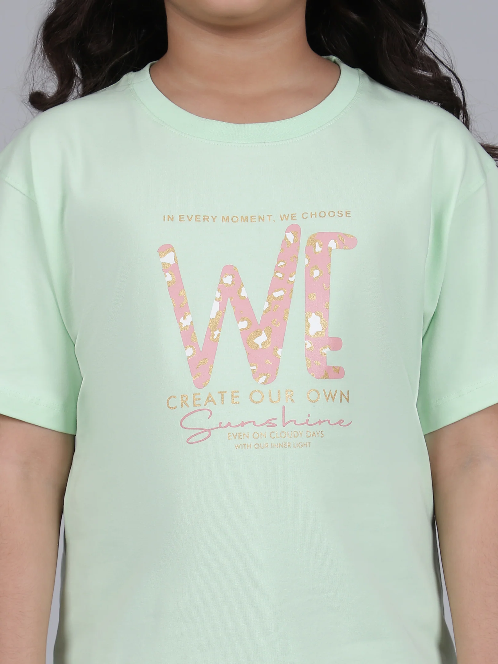 Girls Printed Green Round Neck Half Sleeves Casual T-Shirt - Image 6
