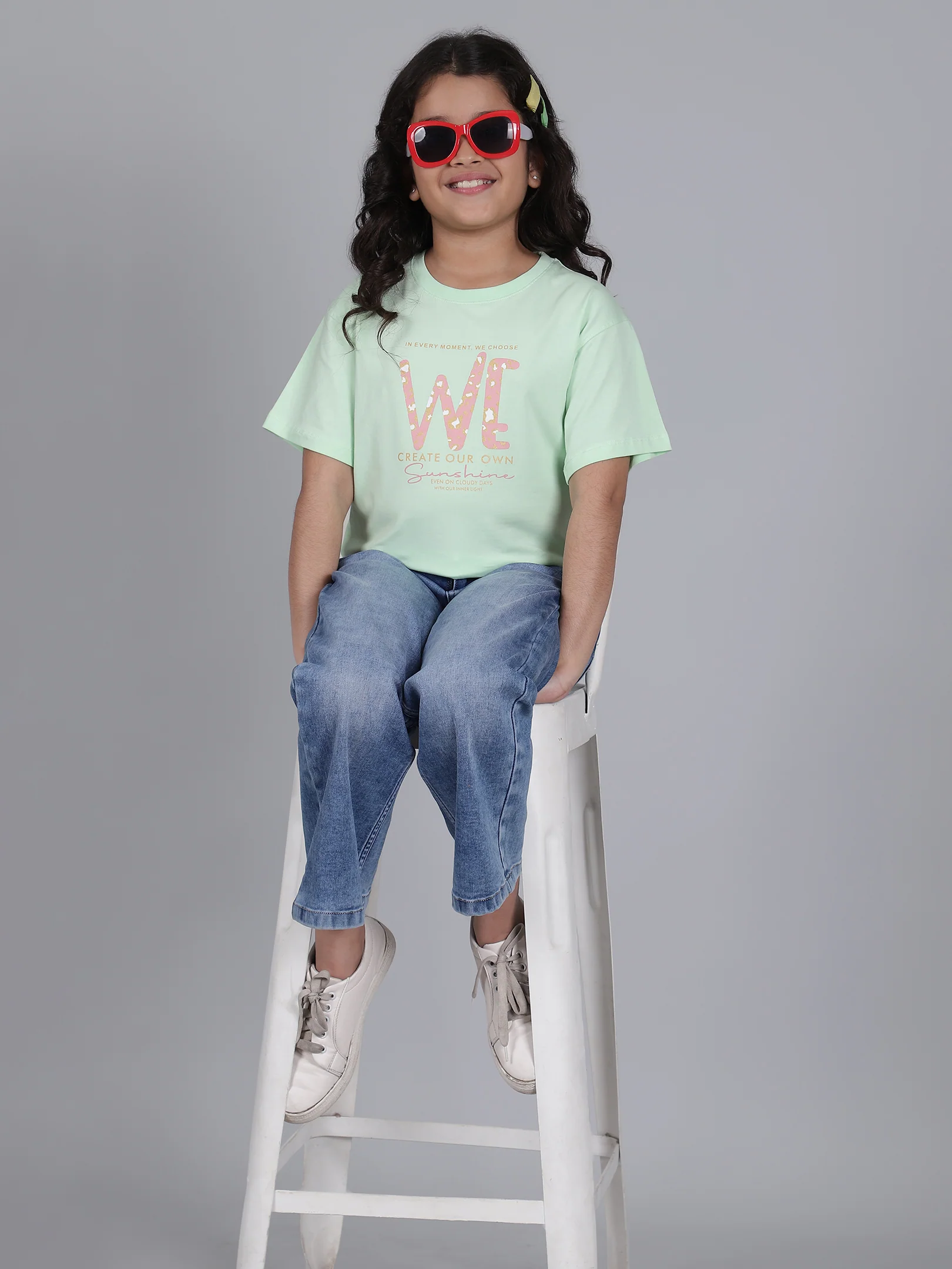 Girls Printed Green Round Neck Half Sleeves Casual T-Shirt - Image 7