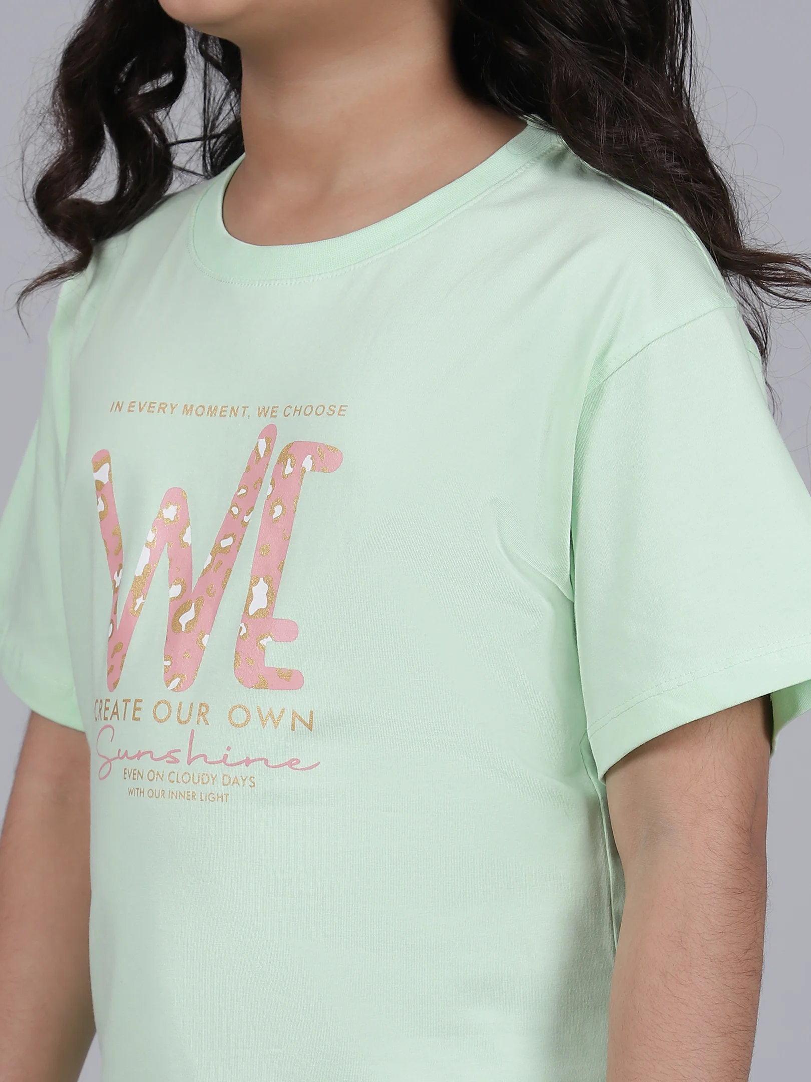 Girls Printed Green Round Neck Half Sleeves Casual T-Shirt - Image 8