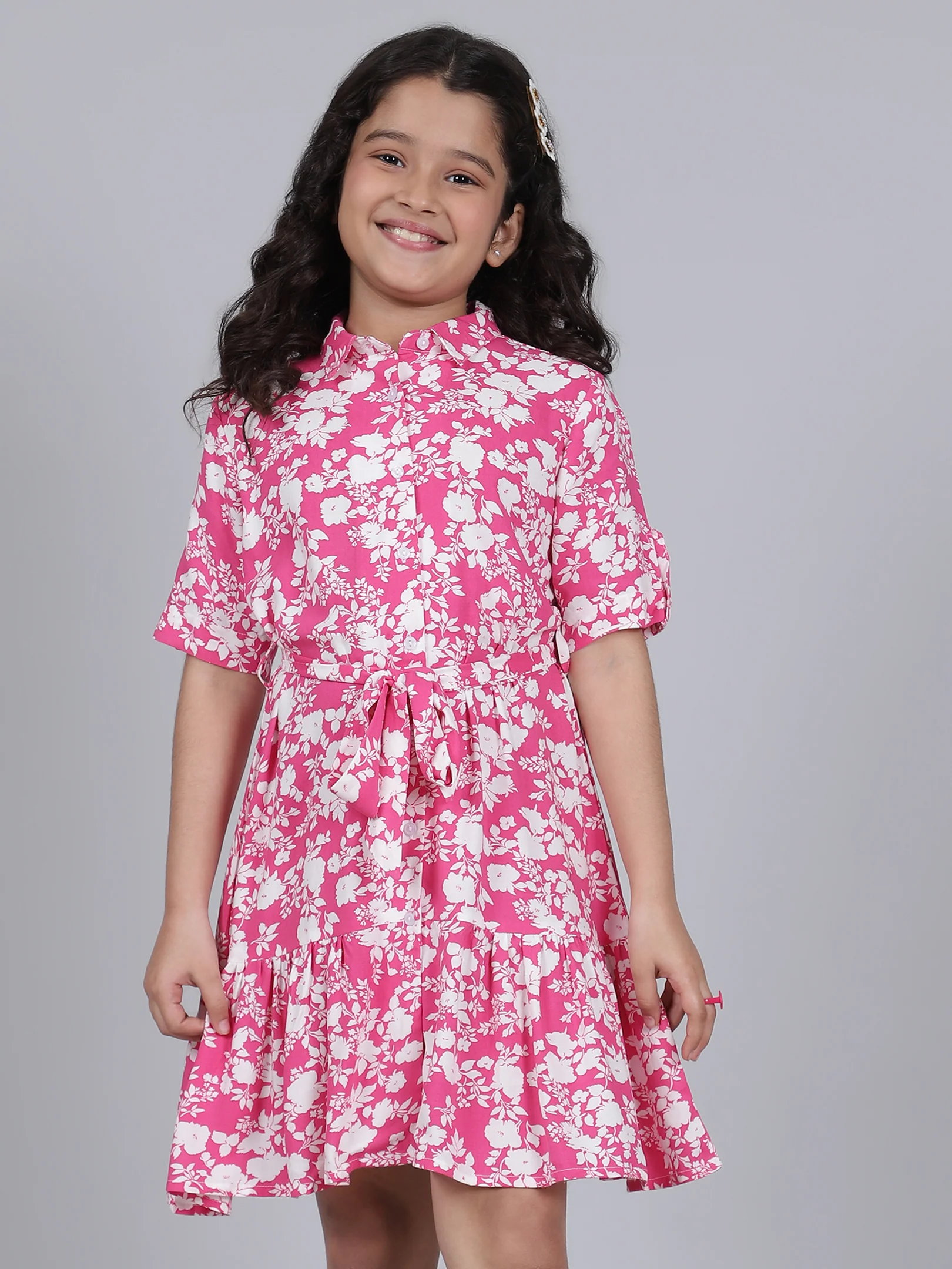 Girls Printed Hot Pink Half Sleeves Collar Neck Casual Dress - Image 2