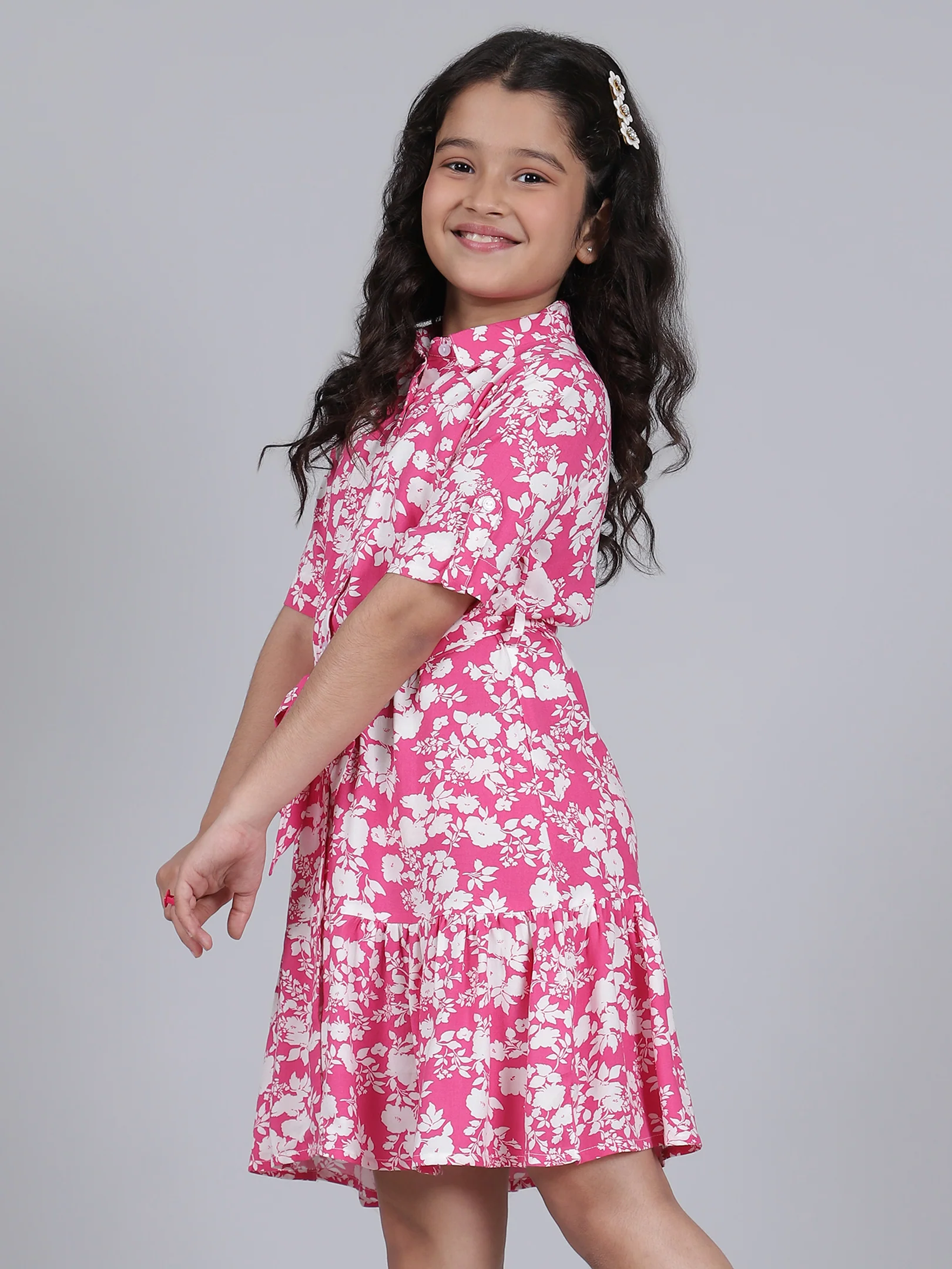Girls Printed Hot Pink Half Sleeves Collar Neck Casual Dress - Image 3