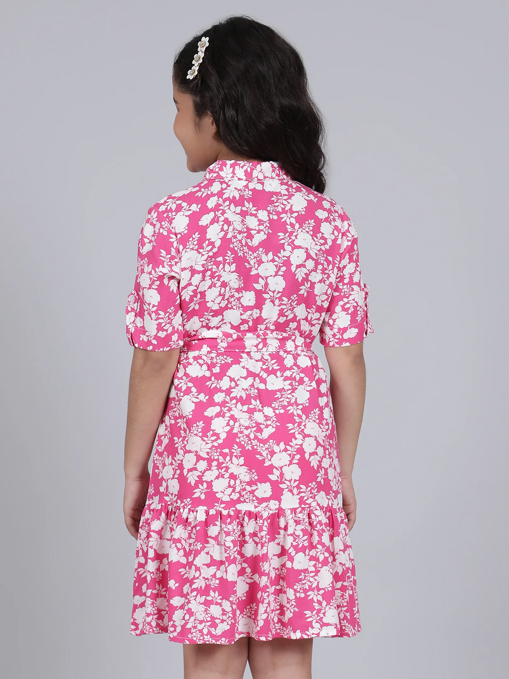 Girls Printed Hot Pink Half Sleeves Collar Neck Casual Dress - Image 4