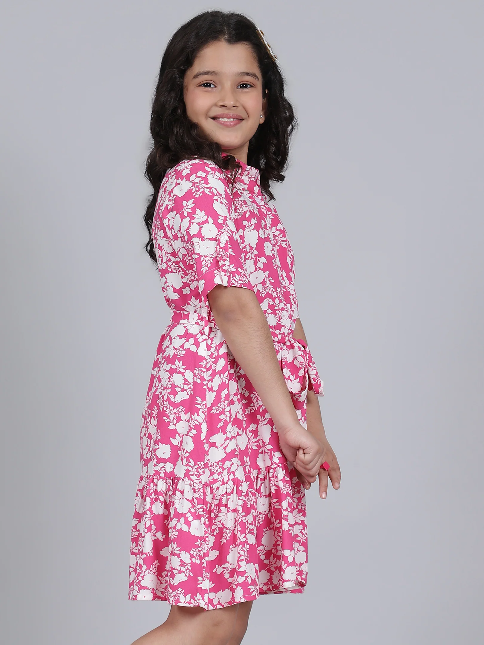 Girls Printed Hot Pink Half Sleeves Collar Neck Casual Dress - Image 5