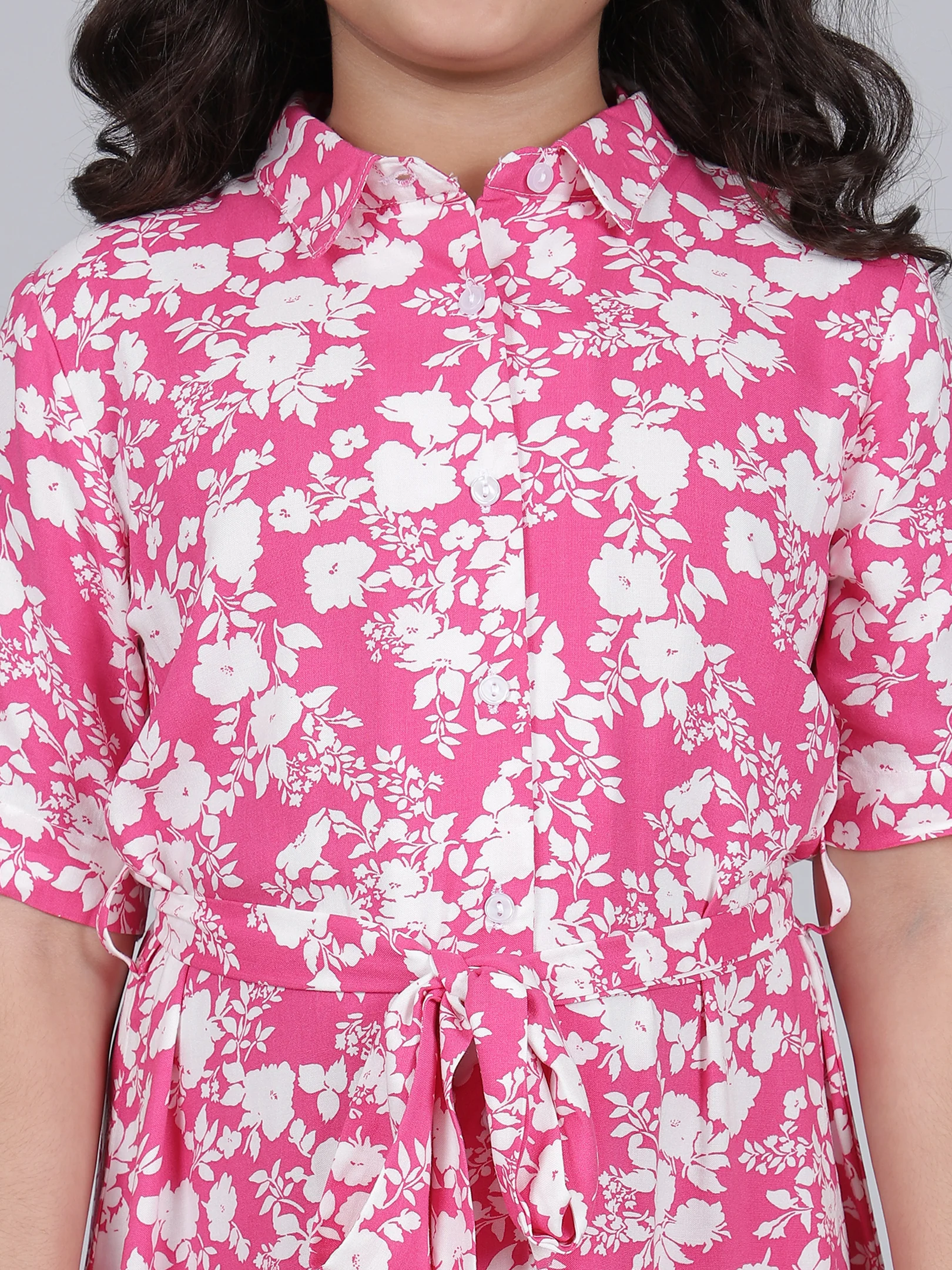 Girls Printed Hot Pink Half Sleeves Collar Neck Casual Dress - Image 6