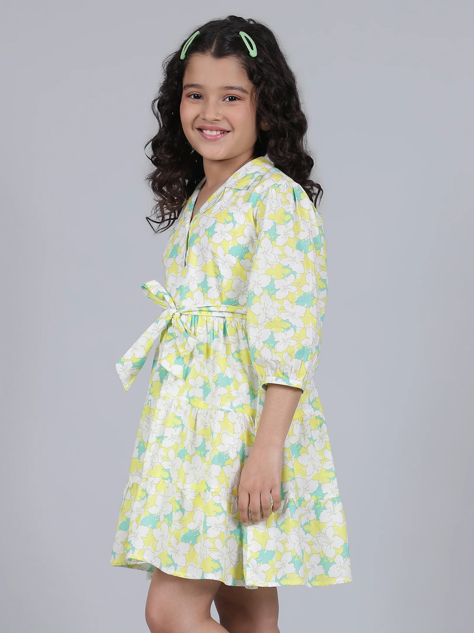 Girls Printed Lemon Shirt Collar 3/4th Sleeves Casual Dress - Image 2