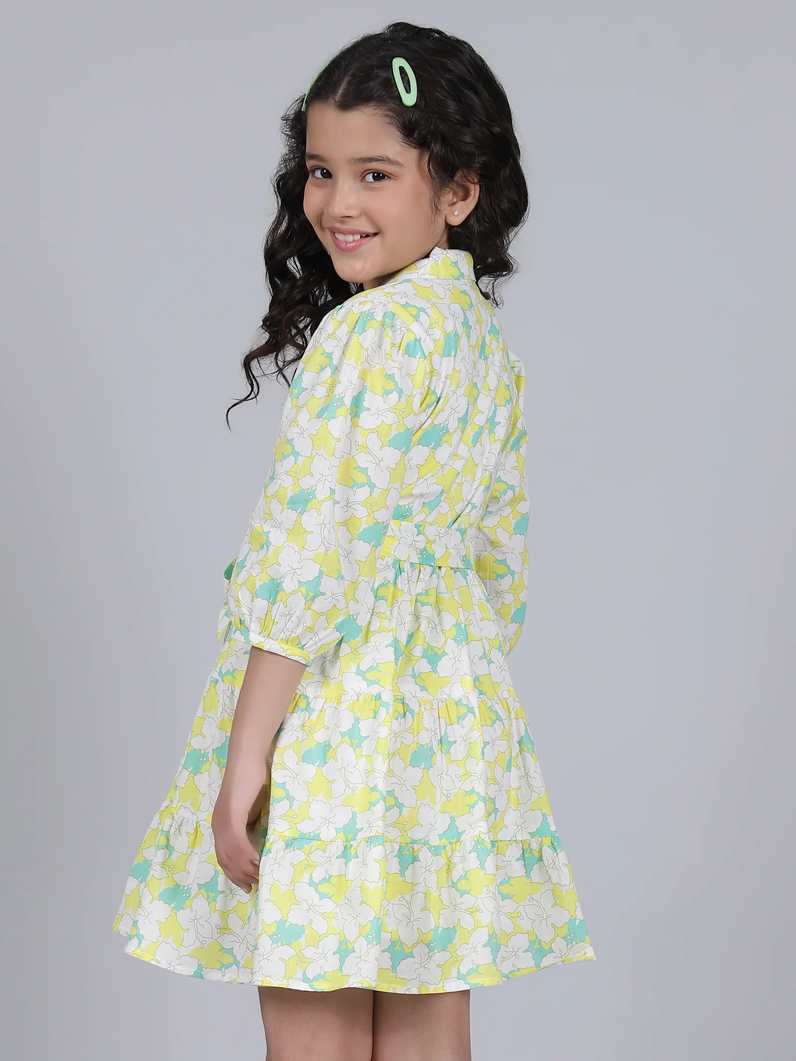 Girls Printed Lemon Shirt Collar 3/4th Sleeves Casual Dress - Image 3