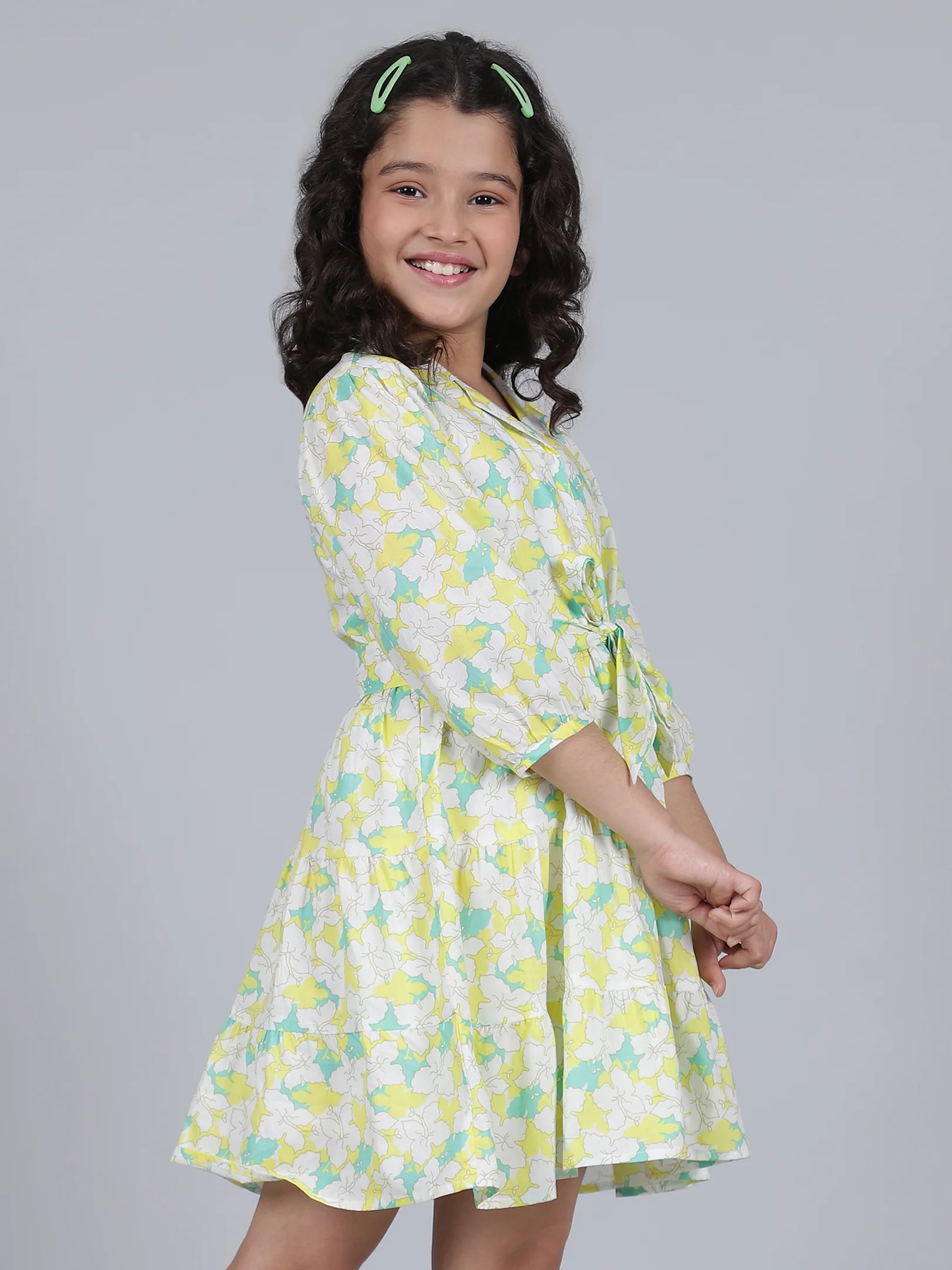 Girls Printed Lemon Shirt Collar 3/4th Sleeves Casual Dress - Image 4
