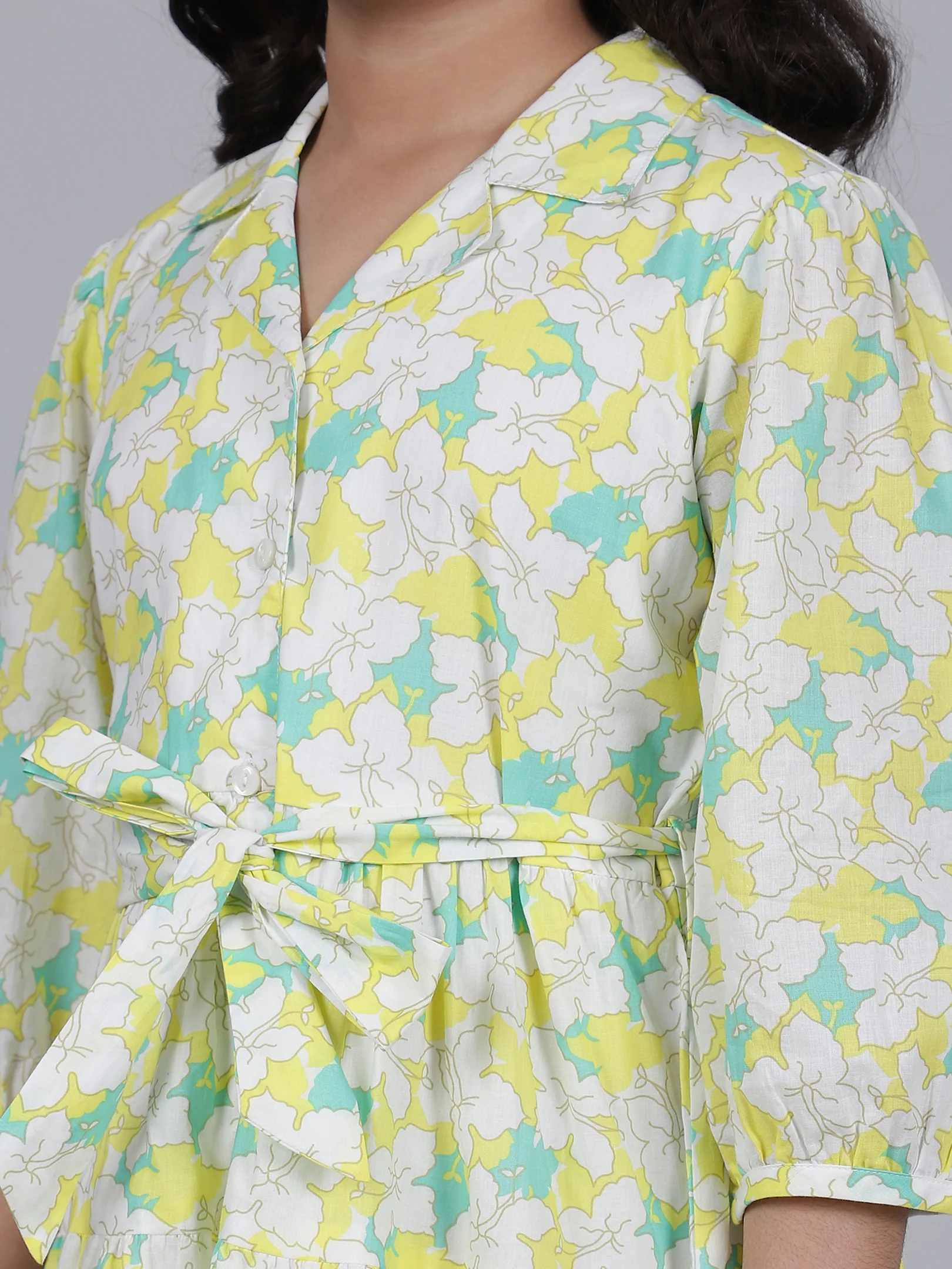Girls Printed Lemon Shirt Collar 3/4th Sleeves Casual Dress - Image 7