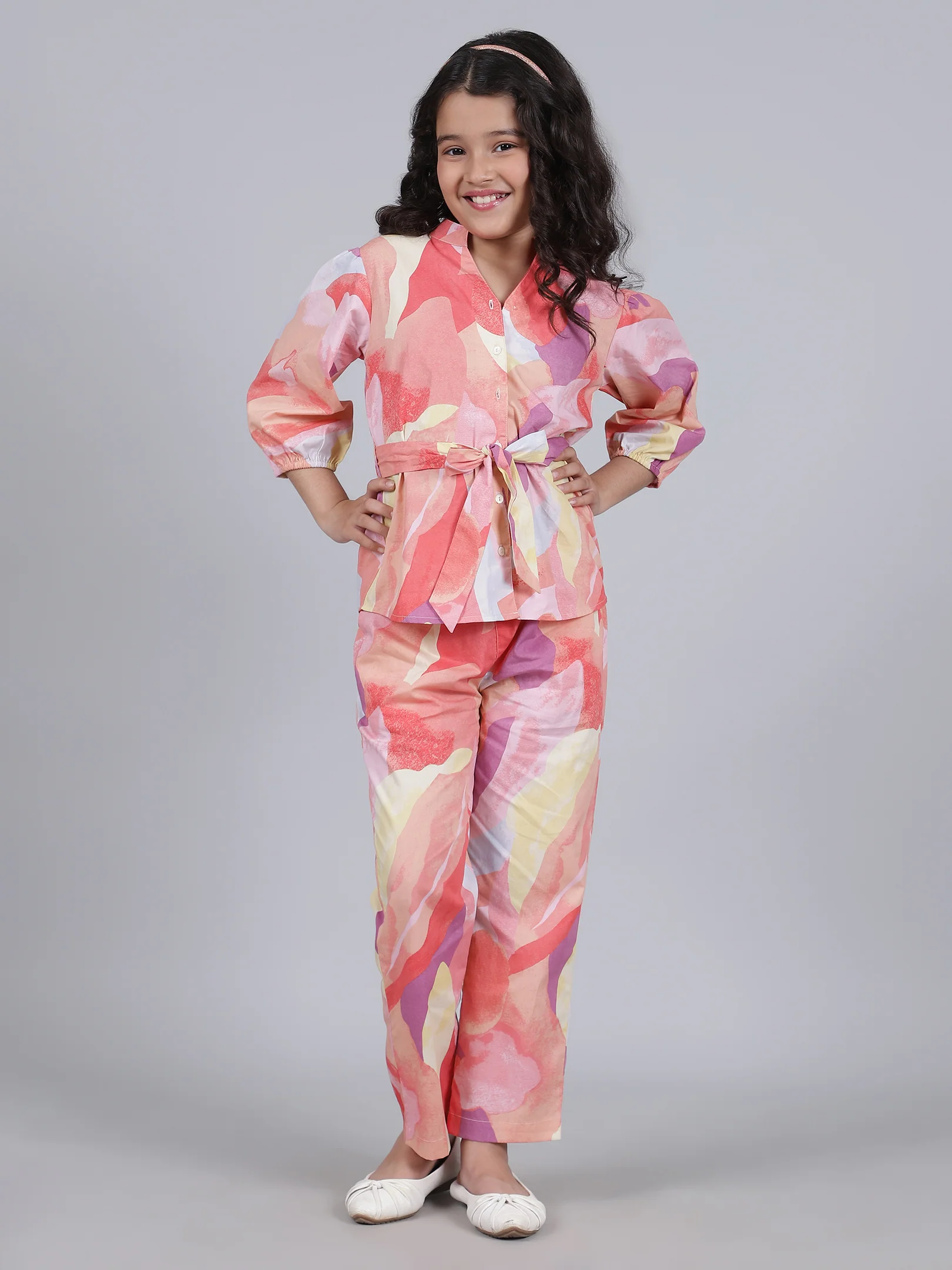 Girls Printed Multi Mandarin Collar 3/4th Sleeves Casual Co-ord-set - Image 2
