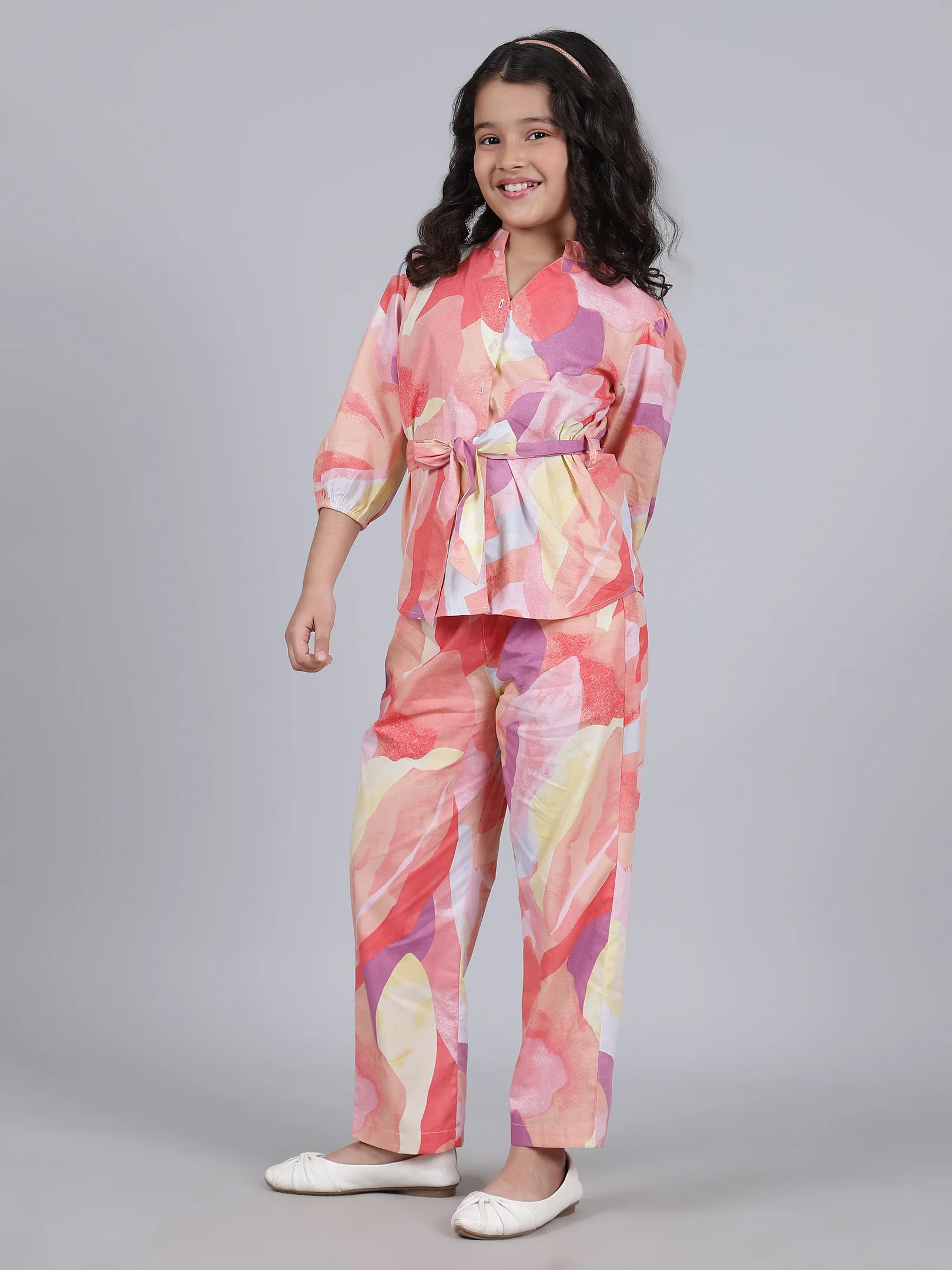 Girls Printed Multi Mandarin Collar 3/4th Sleeves Casual Co-ord-set - Image 9